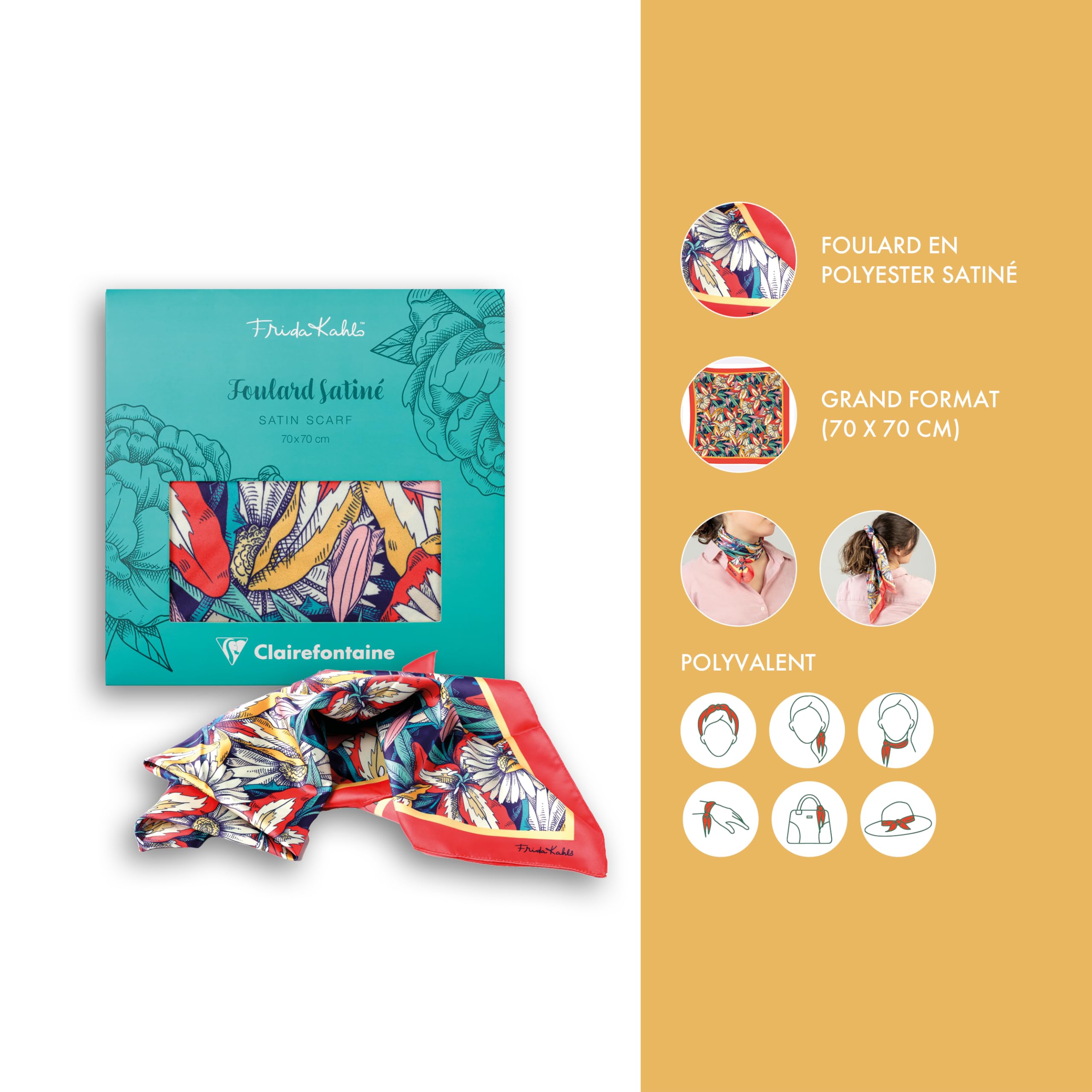 Clairefontaine - 116235C – Elegancka apaszka z kolorowym kwiatowym motywem Frida Kahlo – Artystyczny i modny dodatek – 100% satynowy poliester – 70 × 70 cm – Kolekcja Frida Kahlo