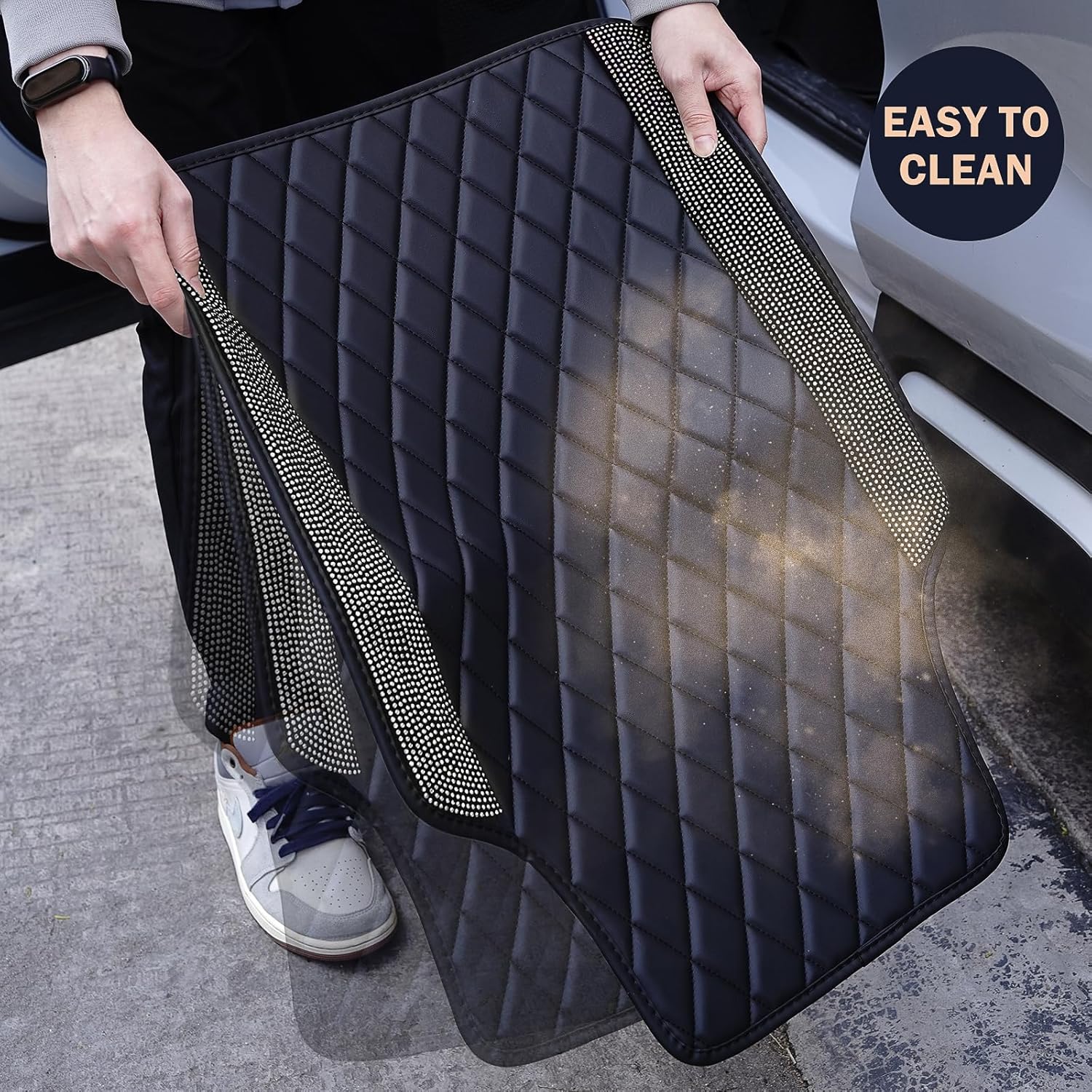 Crystal All Weather Pu Leather Floor Mats for Car SUV & Truck - 5 Pack/Set (Front & Rear), Heavy Duty Protection,Crown Car Floors Cushion, Bling Black