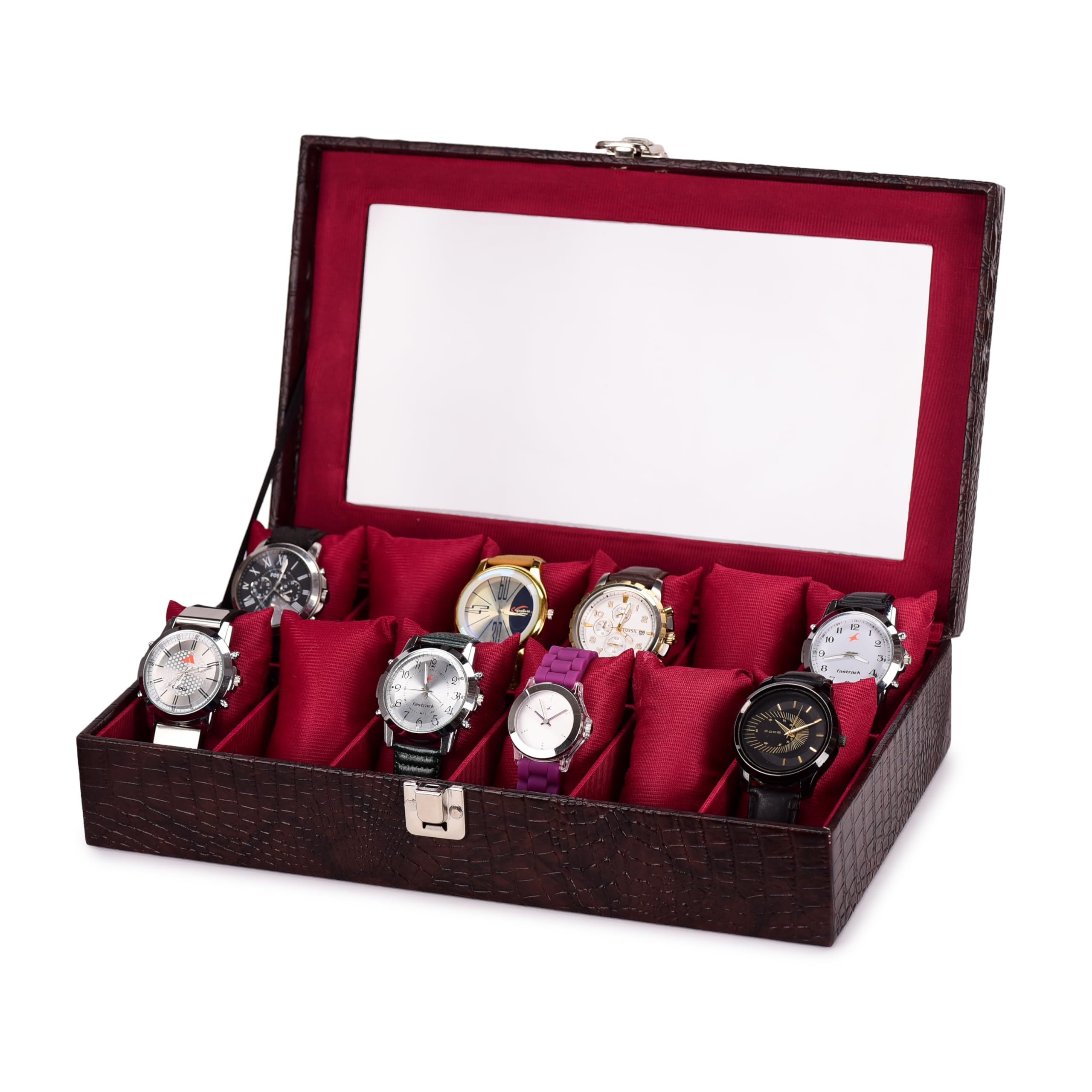 ZENWOOD Caja organizadora de relojes de piel sintética con 12 ranuras para hombre y mujer (marrón::granate)