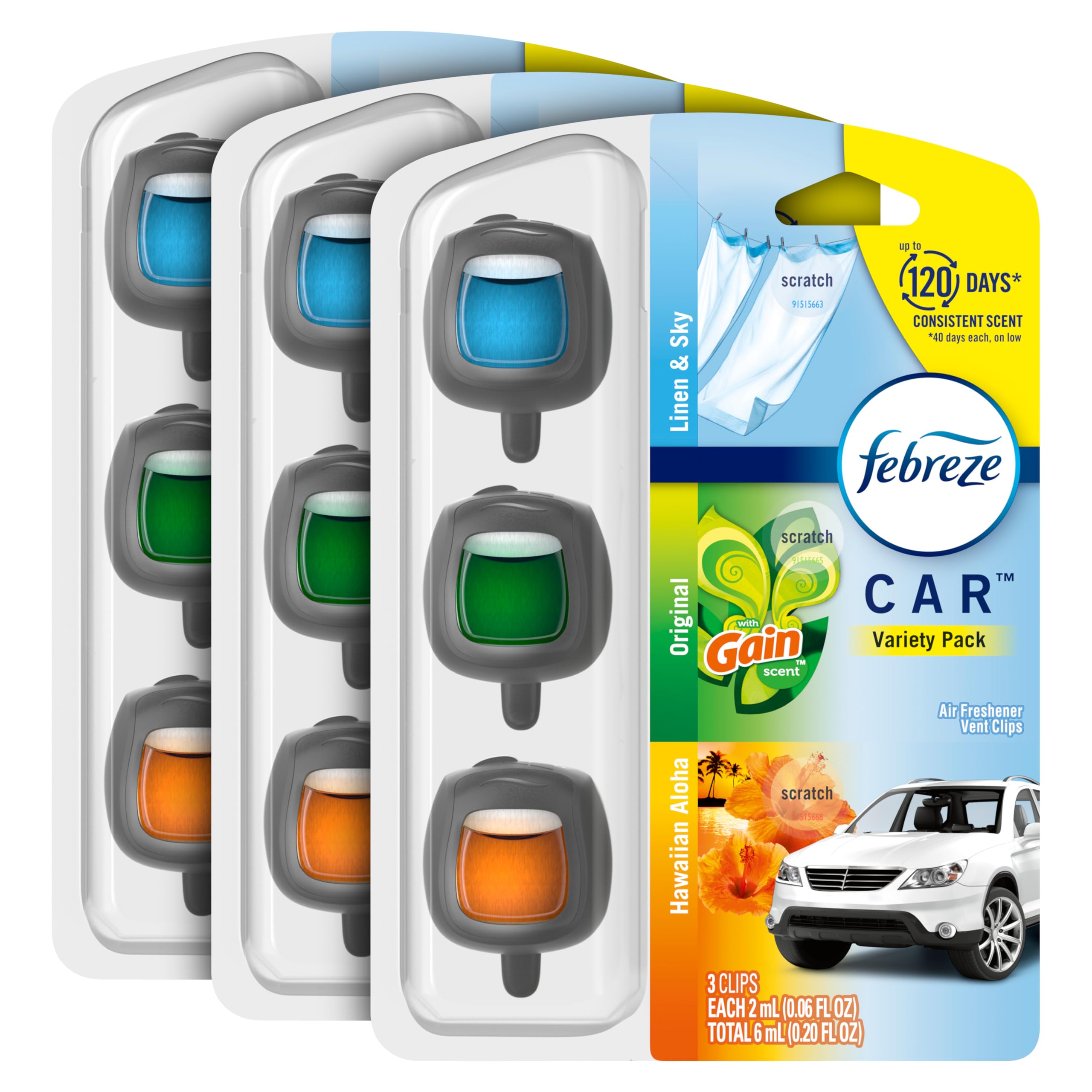 Febreze Car Air Freshener Odor-Fighting Car Vent Clip Variety Linen and Sky Original Hawaiian Aloha Scent Automatic Air