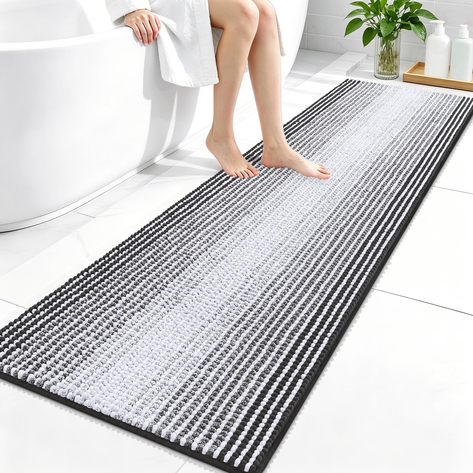 OLANLY Bathroom Runner Rugs 59x20, Chenille Striped Bath Rugs, Dark Grey