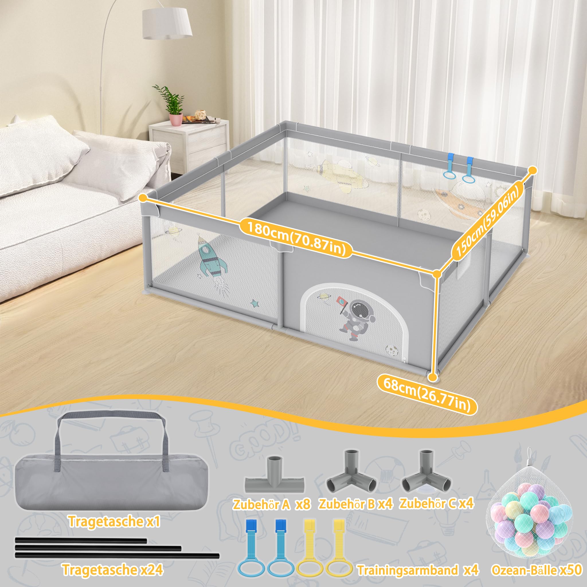 UISEBRT Laufstall Baby 150x180cmLaufgitter für Baby mit 50 Ocean Bällen & 4 Zugringen & Tragetasche, Faltbar Laufgitterzelt mit Atmungsaktivem Netz für Kinder, Grau mit Astronautenmotiven