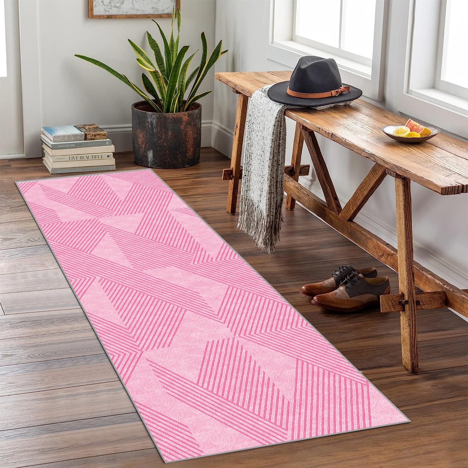 Extra Langer Teppich Läufer Lang Flur Küche rutschfest waschbar 120x420cm Rosa Teppichmatten Küchenläufer Schmutzfangmatte Küchenteppich Meterware Esszimmer Schlafzimmer