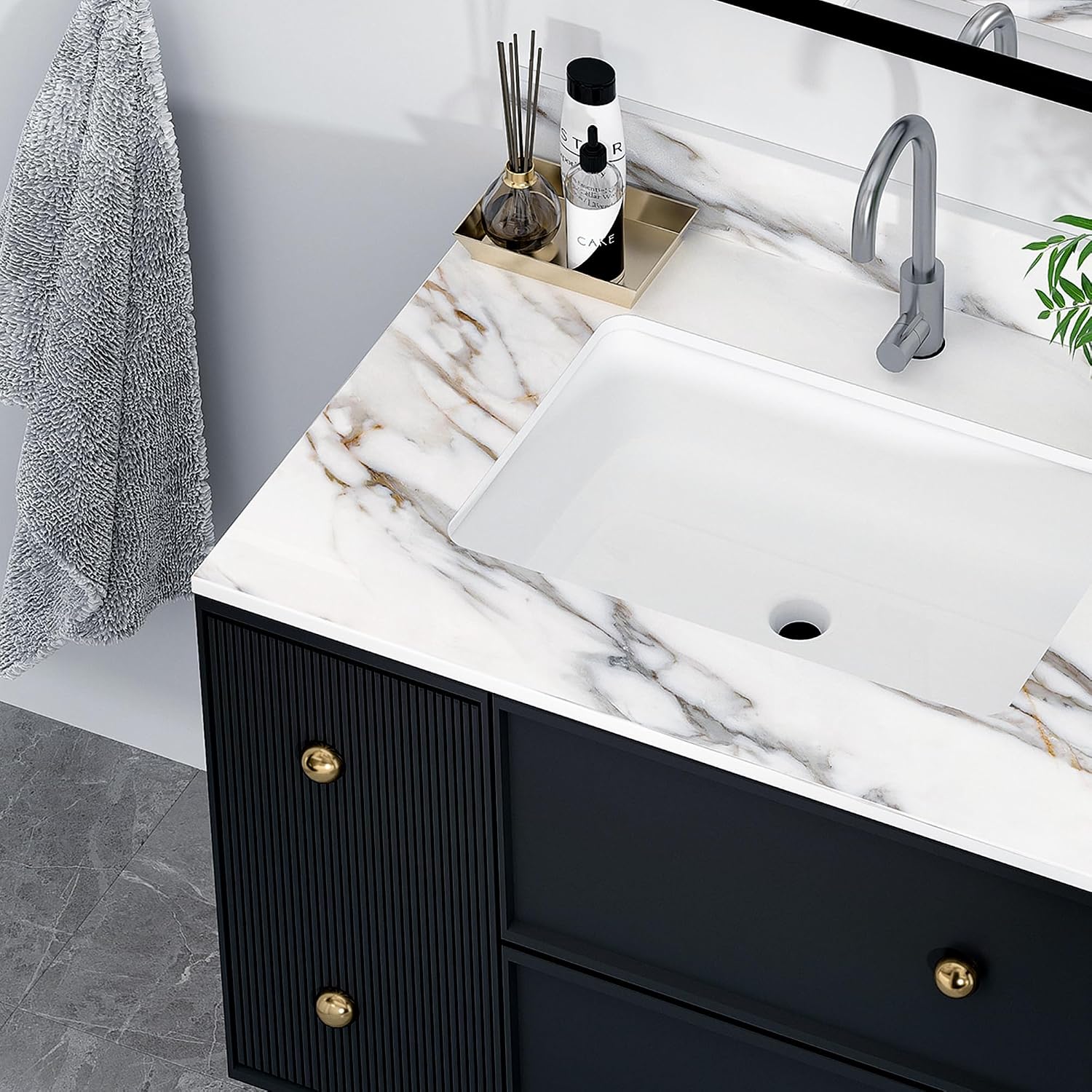 Montary 31"x 22" Bathroom Vanity Top with Undermounted Large Ceramic Sink & Backsplash, Sintered Stone Artificial Marble Vanity Sink Tops with 1 Pre-Drilled Hole, Gray Gold Veins
