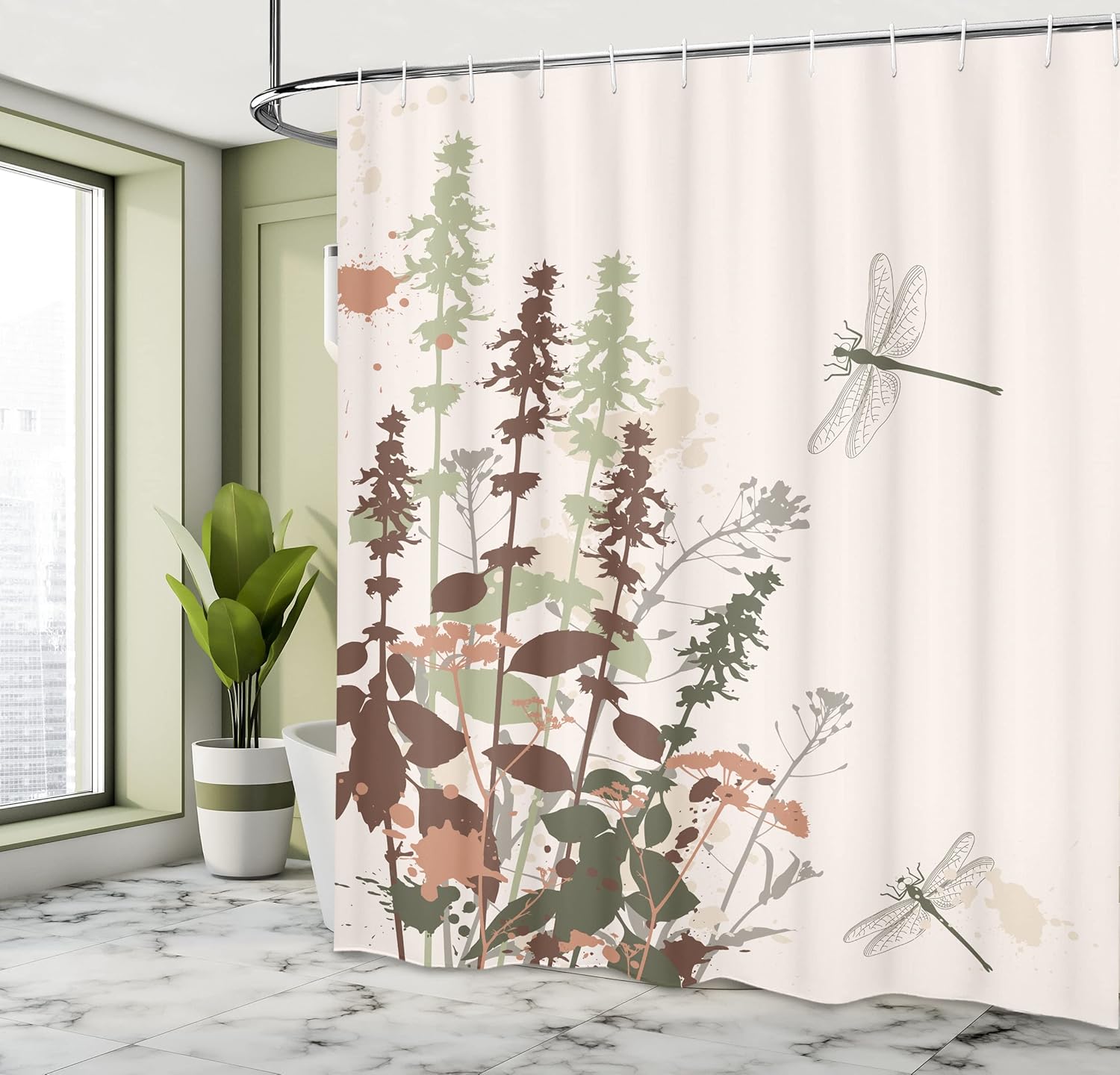 Ambesonne Dragonfly Shower Curtain, Nature Plants Grass with Wildflowers with Paintbrush Effects Print Artwork, Cloth Fabric Bathroom Decor Set with Hooks, 69" W x 70" L, Pale Sage