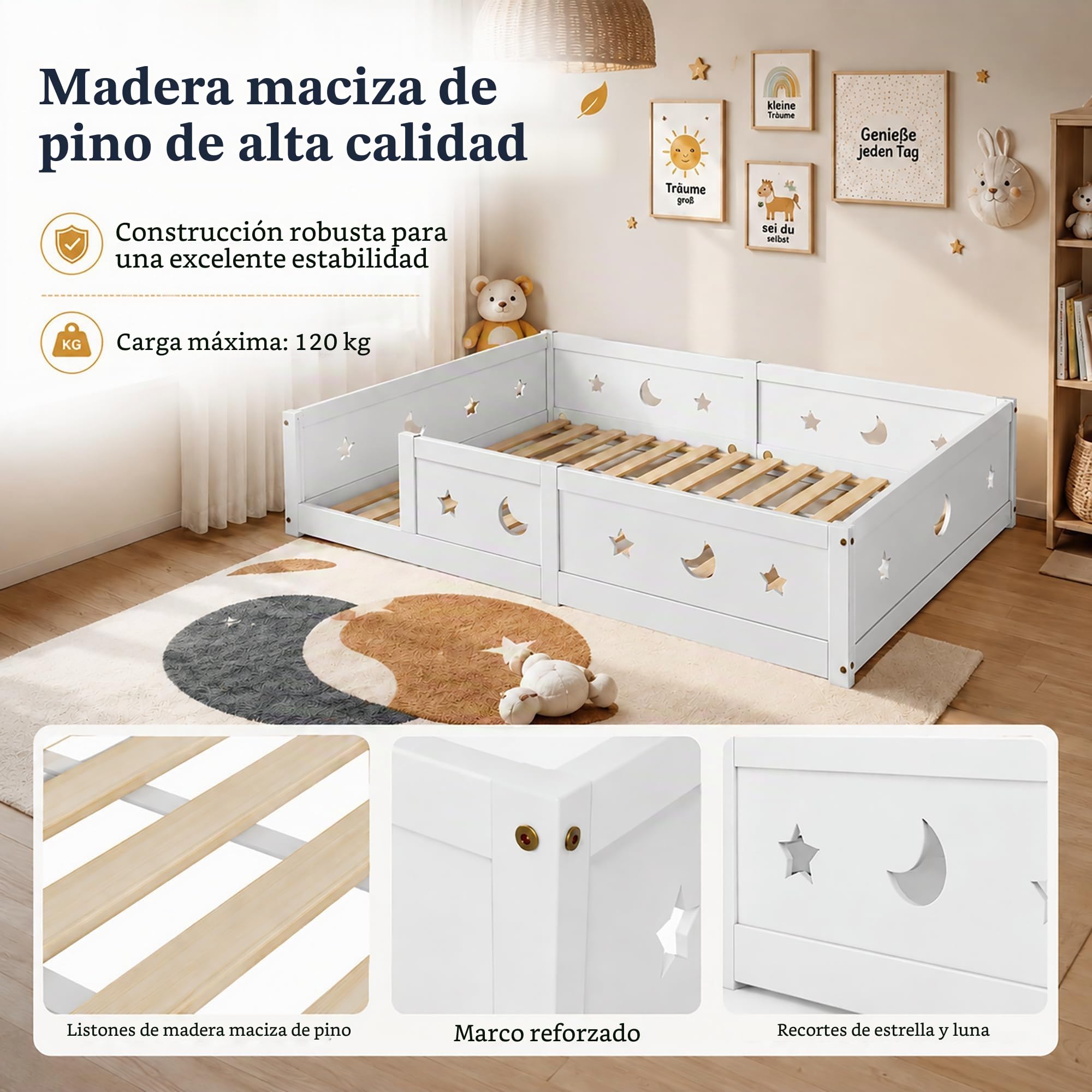 Cama Montessori 140x200 cm, Cama Doble Infantil con Protección Anticaída y Somier de Láminas, Baby Bed Toddler Bed para Niños y Niñas, Estrella y Luna, Pino, Sin Colchón, Blanco