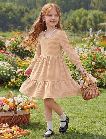 JiAmy Girls' Square Neck Long Sleeve Knit Sweater Dress with Pockets
