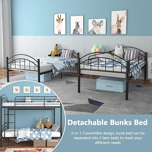 Vista 2 de Litera individual sobre individual, marco de cama de metal convertible, fácil montaje, barandilla de longitud completa, ahorro de espacio (negro)