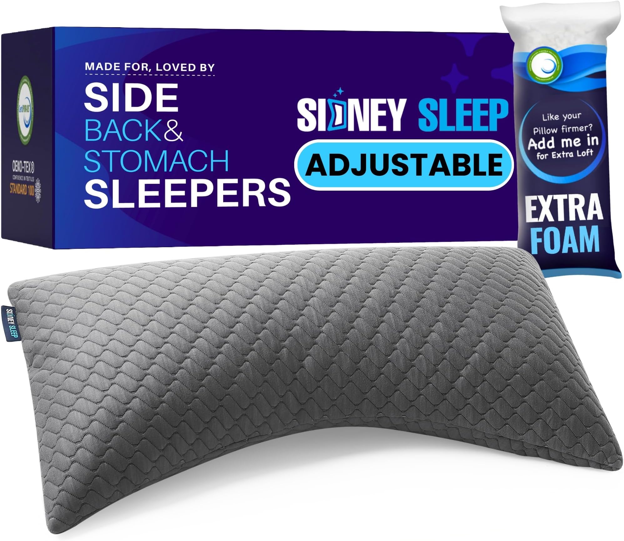 Sidney Sleep Side and Back Sleeper Pillow for Neck and Shoulder Pain Relief - Memory Foam Bed Pillow for Sleeping - 100% Adjustable Fill - King Size Washable Case - Extra Fill Included (King, Grey)