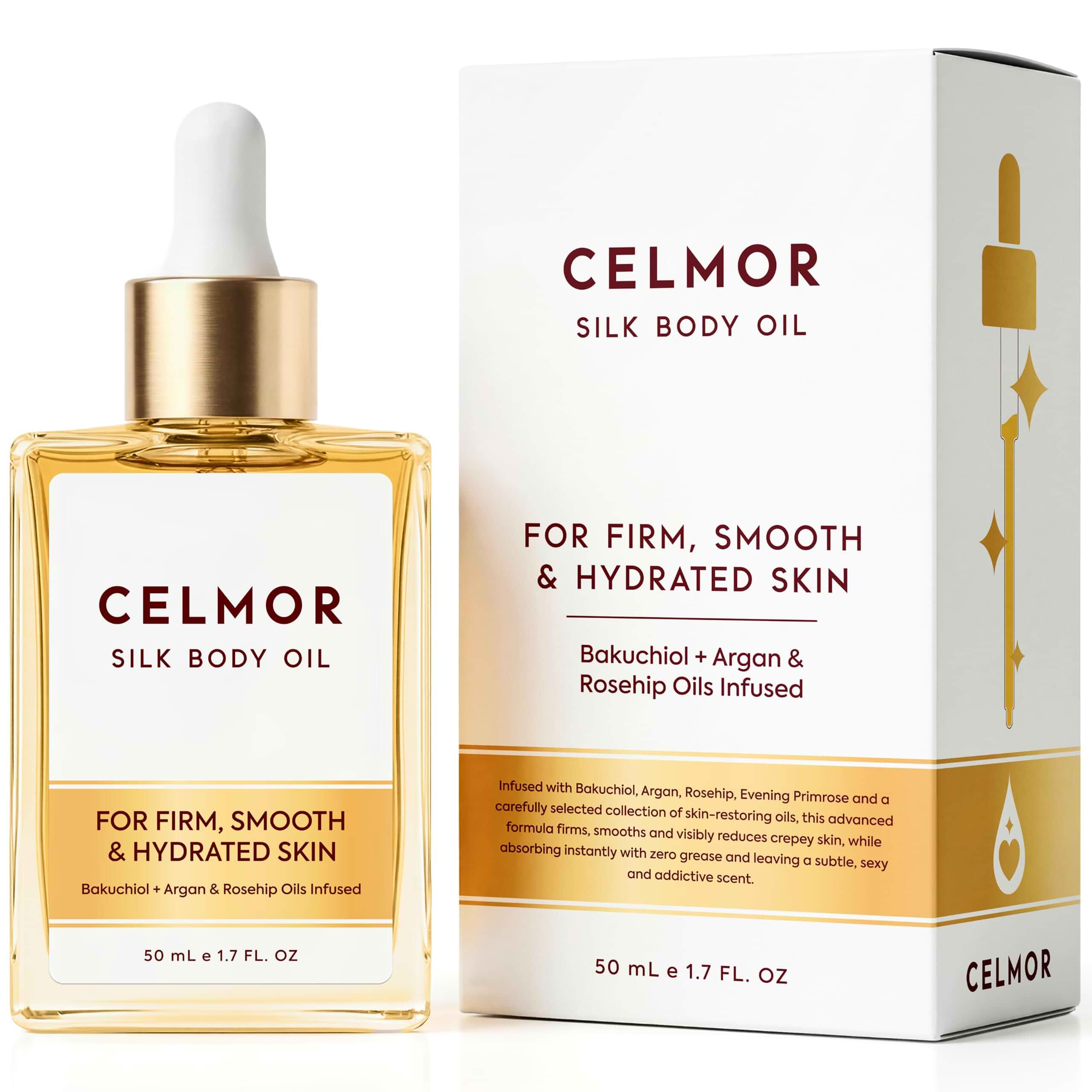 CELMOR Silk Body Oil for Women | Anti Aging, Firming & Moisturizing Body Oil for Arms, Legs & Thighs, Skin Tightening Oil with Bakuchiol, Smooths Cellulite, Crepey & Sagging Skin