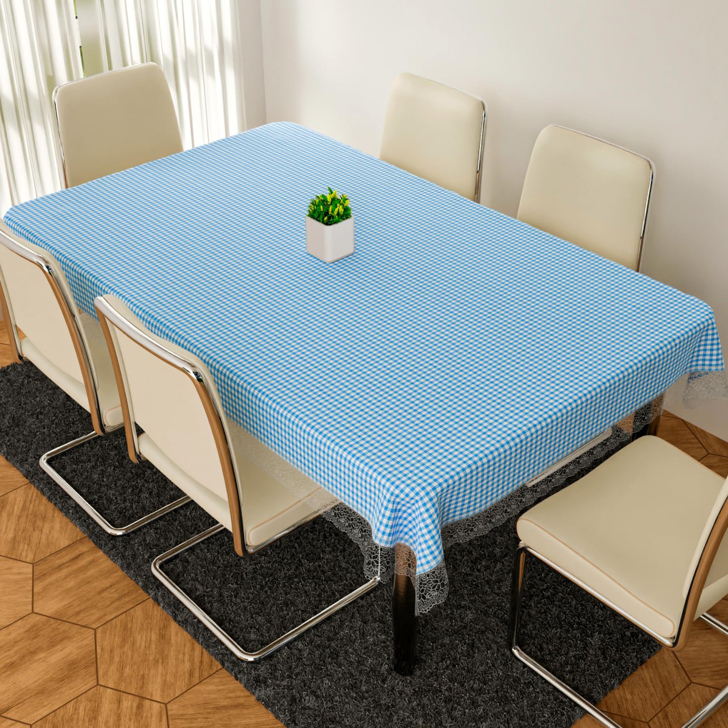 Kuber Industries Dining Table Cover | PVC 6-Seater Table Cloth Cover | Table Protector Cover | Table Cover for Dining Table | Barik Check Table Cover | 60x90 Inch | DTC | Sky Blue