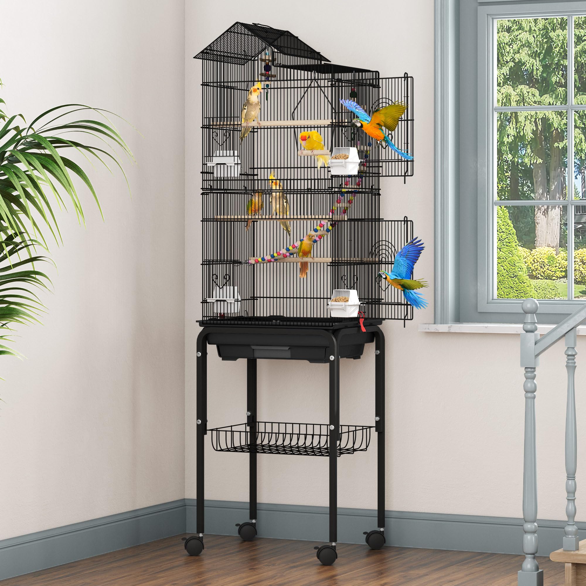 DWVO 62-inch Metal Bird Cage: Bird Cage Spacious for Cockatiels, Parrots, Pigeons, Lovebirds, Features Roof Access and Rolling Stand Black - image 6