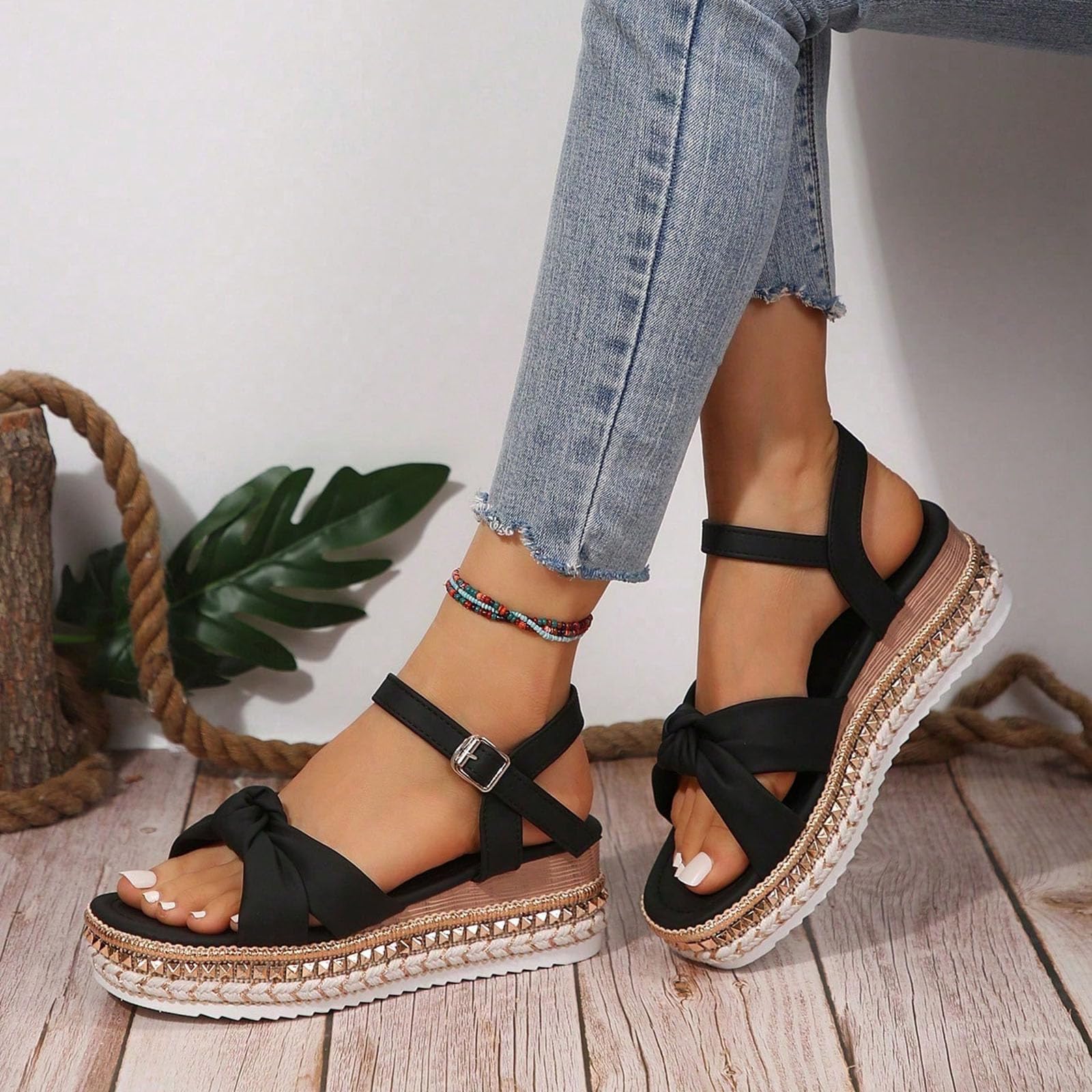 Genérico Sandalias Cós De Verano Para Mujer Sandaliasde Verano Para Mujer, Sandalias De Cuña Ajustables Con Soporte El Del Pie Cuña Estilo Casual Elegante Con Pedrería