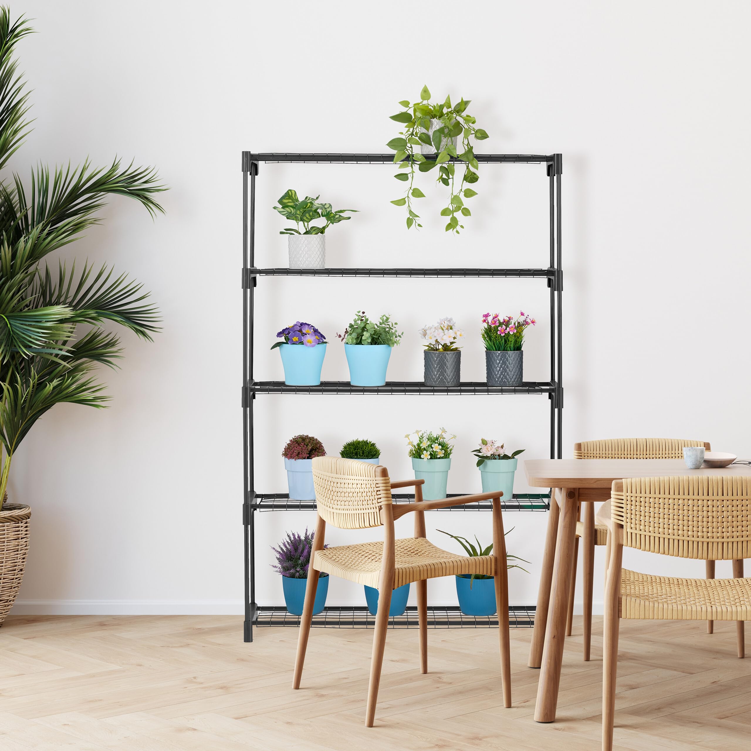 Relaxdays Estantería para Plantas, 5 Niveles, Mueble Macetas Flores y Hierbas, Soporte Metálico, 140 x 91 x 28 cm, Negro
