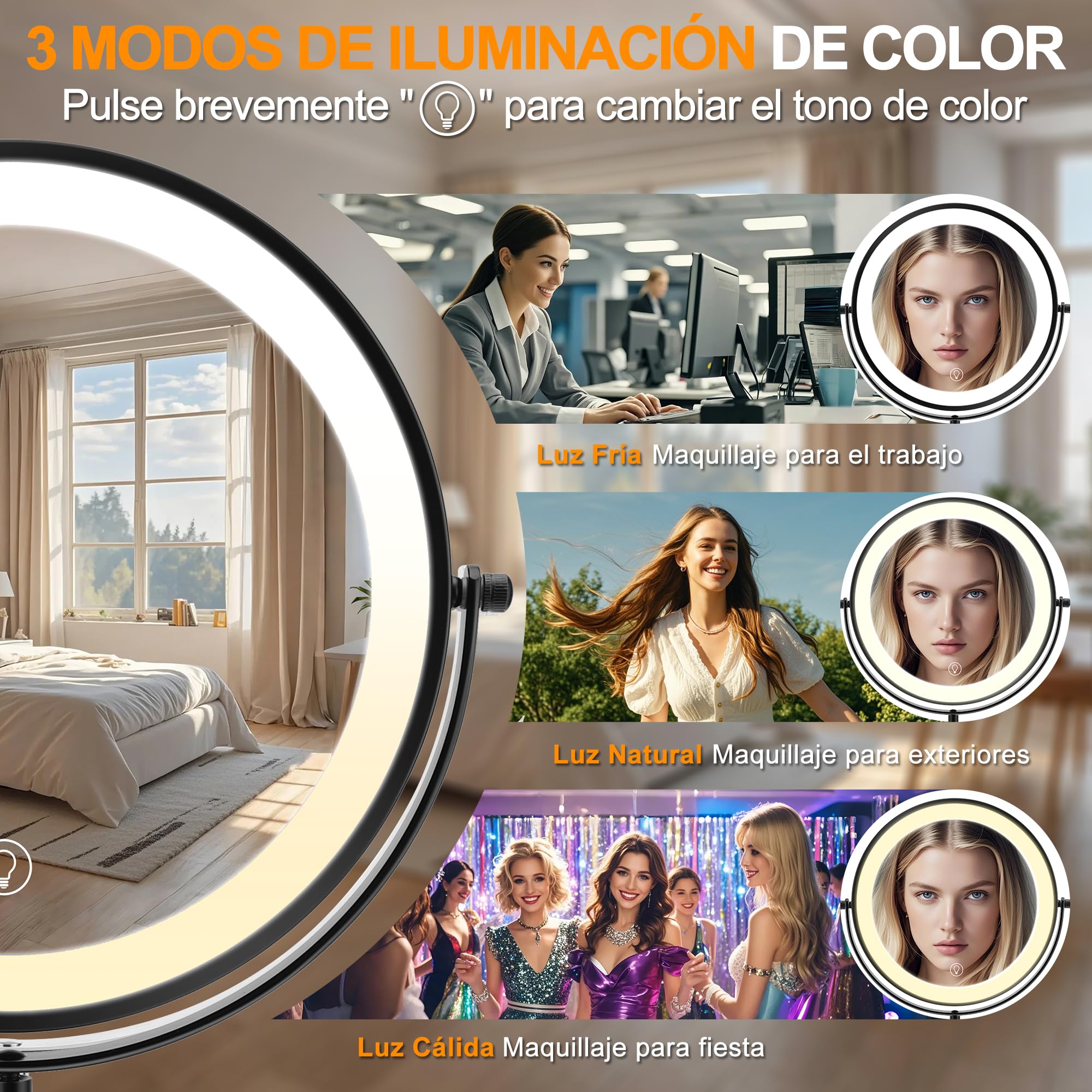 Espejo de Maquillaje de Doble Cara de Altura Ajustable con Luz, 3 Colores de Luz LED e Interruptor Táctil, para Cuidado Personal y Maquillaje (10X)