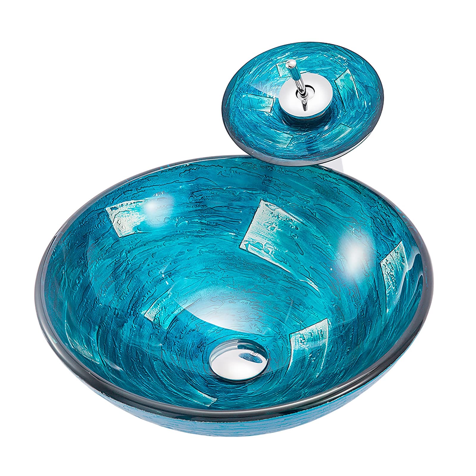 Lavandino da appoggio per Il Bagno, lavabo da appoggio Rotondo in Vetro temperato, lavabo da appoggio Blu, lavabo da appoggio Artistico con Scarico a Scomparsa
