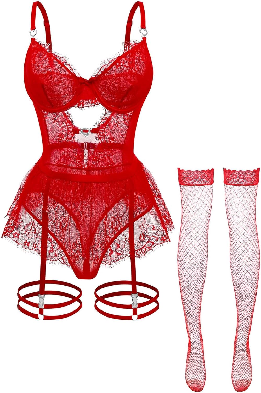 Sexy Stocking Underwire Push Up Rhinestones Heart Floral Lace Mesh Sheer Garter Bodysuit Skirt Lingerie Set 3 Piece - Image 3