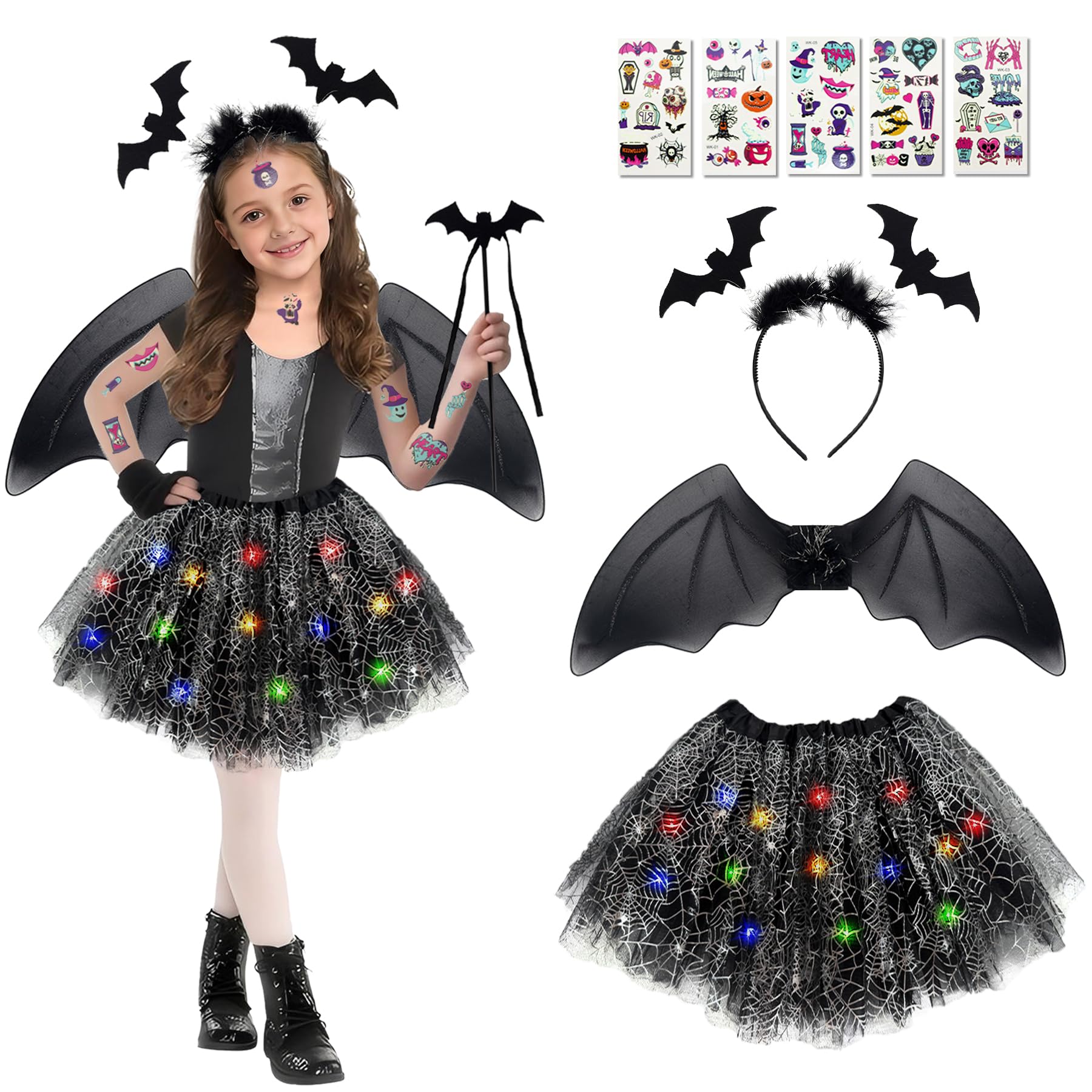 Costume Da Pipistrello Per Bambina – Set 4 Pezzi Con Tutù, Ali, Cerchietto E Bacchetta – Vestito Halloween Per Ragazze – Taglia Unica