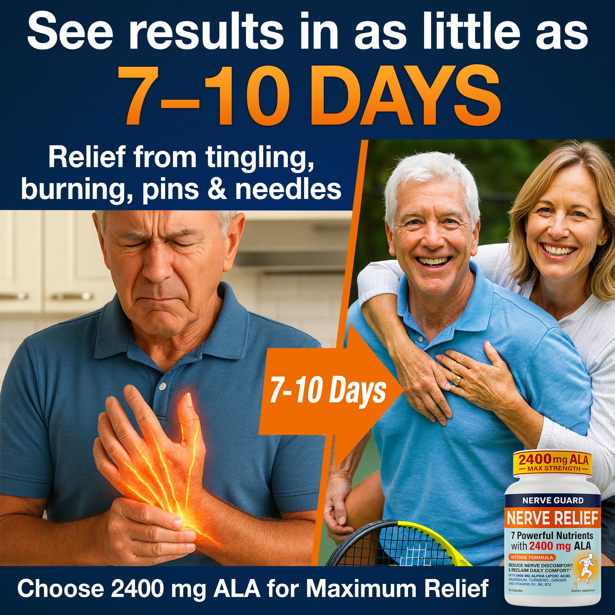 Nerve Relief Neuropathy & Sciatica Support Supplement with 2400 mg Alpha Lipoic Acid to Reduce Nerve Discomfort in Hands, Feet, Legs & Toes – 2400mg ALA, B1, B6, B12, Magnesium, Turmeric – 60 Capsules — Amazon image 3