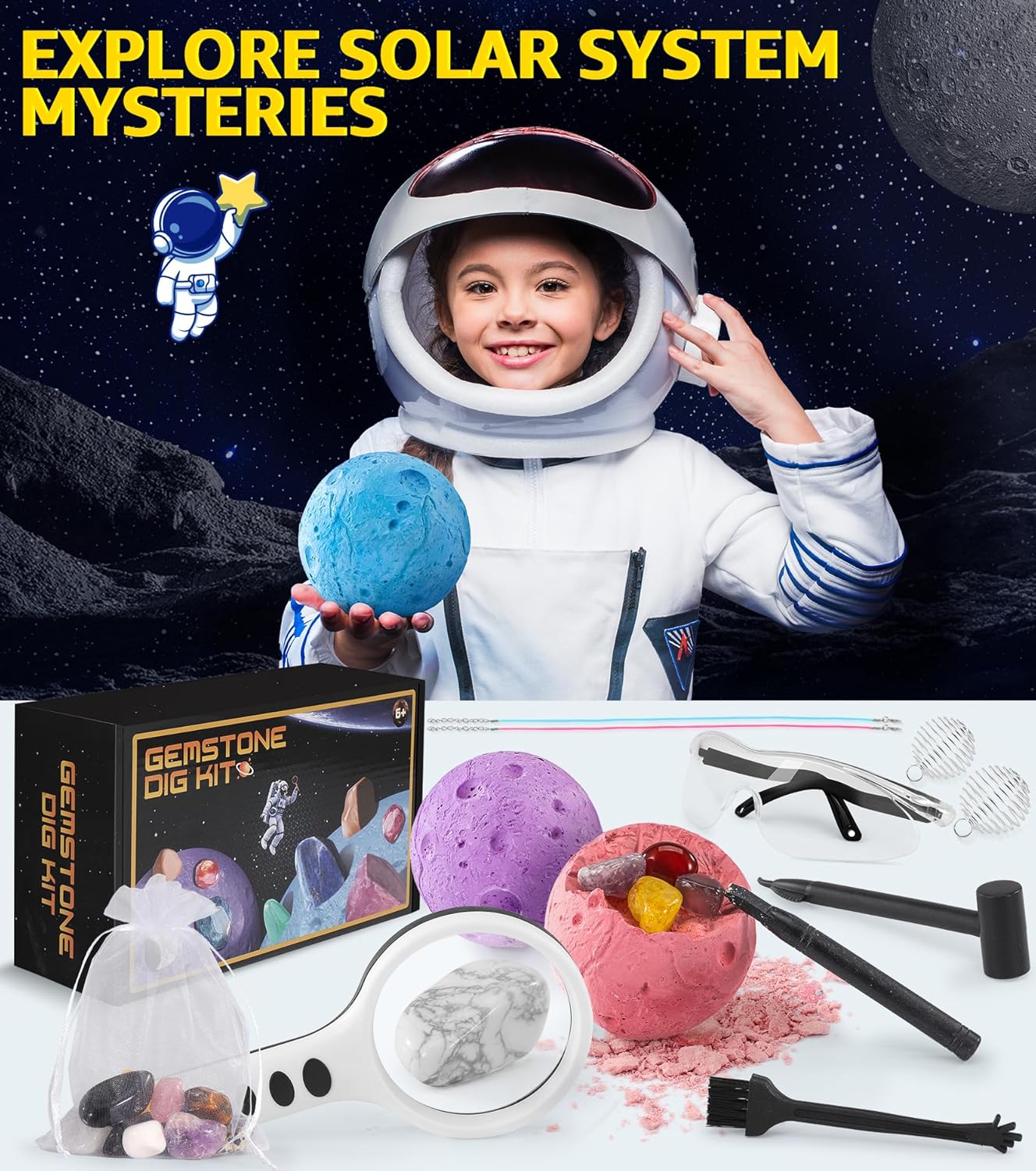 Kit D'excavation De Gemmes Scientifiques Pour Enfants - 12 Pierres Précieuses à Creuser, Avec Outils, à Partir De 6 Ans