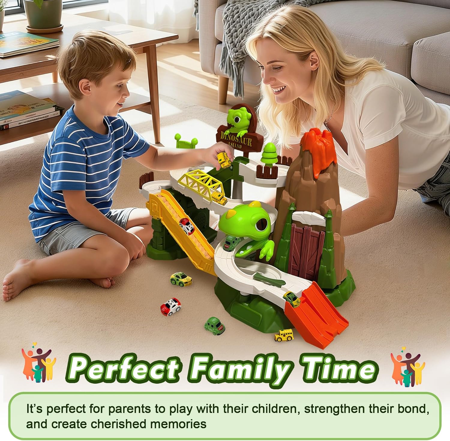 Dinosaur Race Car Track for 3-8, Flexible Train Track Set with 4 Race Cars, Dinosaur World Climbing Hills Rail Car Adventure Toys, STEM Birthday Gifts for Toddlers Kids Age 3 4 5 6 7 8