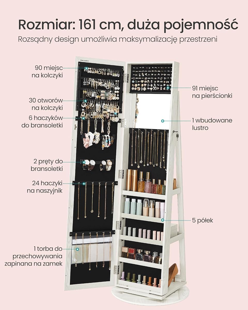SONGMICS Szafka na biżuterię Szafka z lustrem 360 ° Obrotowa Zamykana szafka na biżuterię 3 w 1 z zamkiem na półki lustrzane Biała z szarym słojem drewna JBC62W