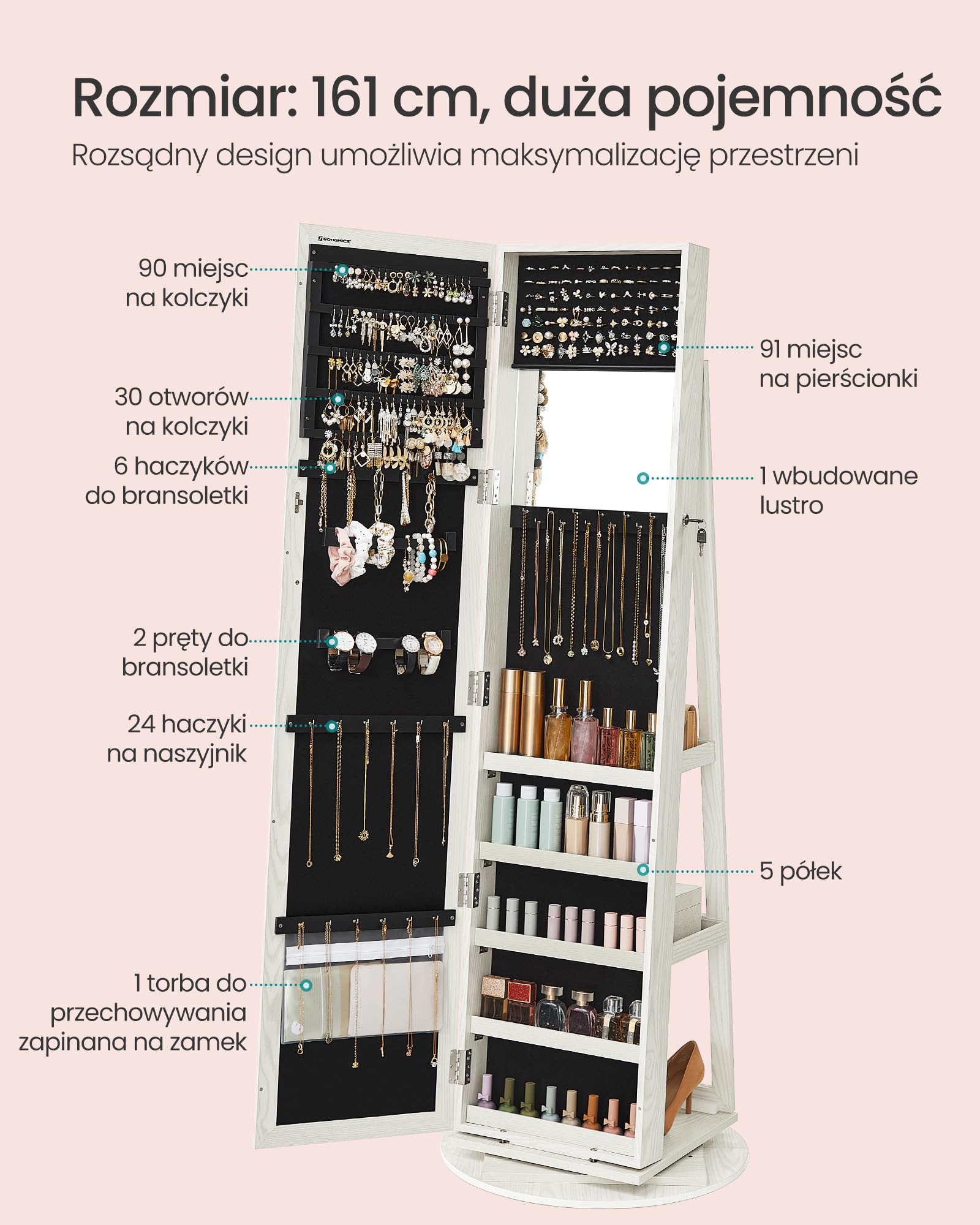 SONGMICS Szafka na biżuterię Szafka z lustrem 360 ° Obrotowa Zamykana szafka na biżuterię 3 w 1 z zamkiem na półki lustrzane Biała z szarym słojem drewna JBC62W