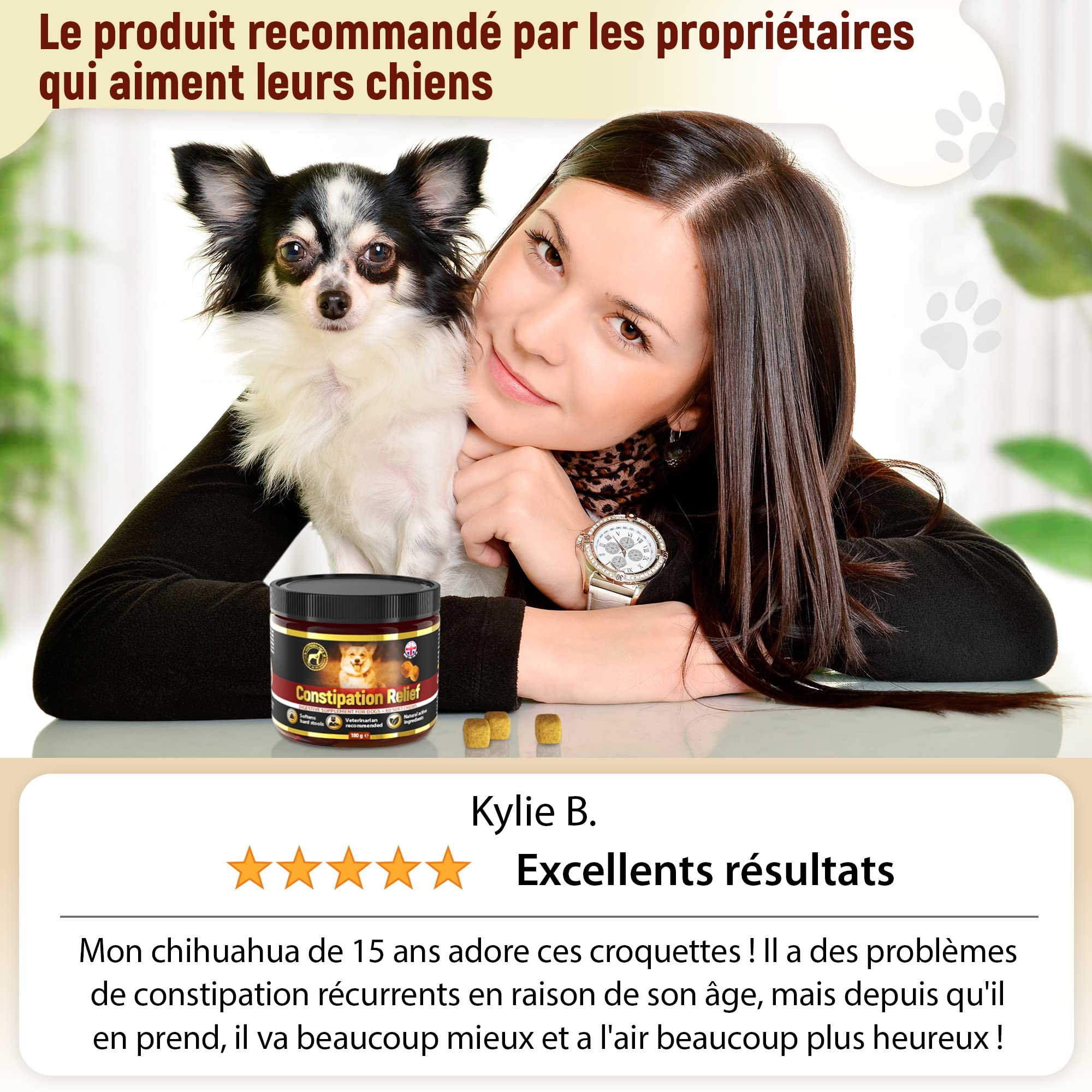 soulagement Constipation Chien - 60 croquettes laxatives adoucissant selles de Chiens - goût Bacon (Francais)