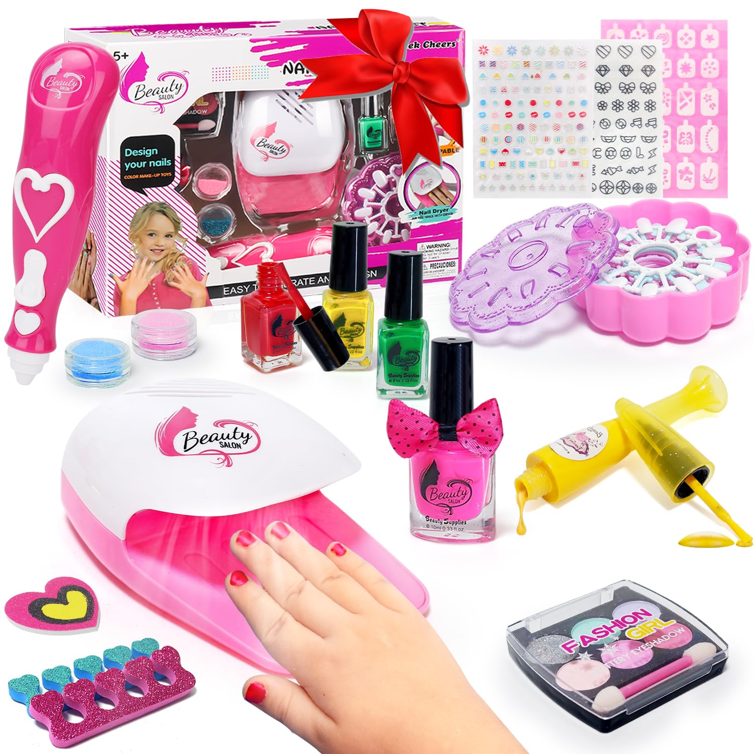 Kids Nail Polish Set for Girls, All in One Nail Art Kit with Nail Dryer/ Glitter Pen/ Nail Pen/ Eyeshadow - Birthday and Christmas Gifts for Girls Ages 5-12