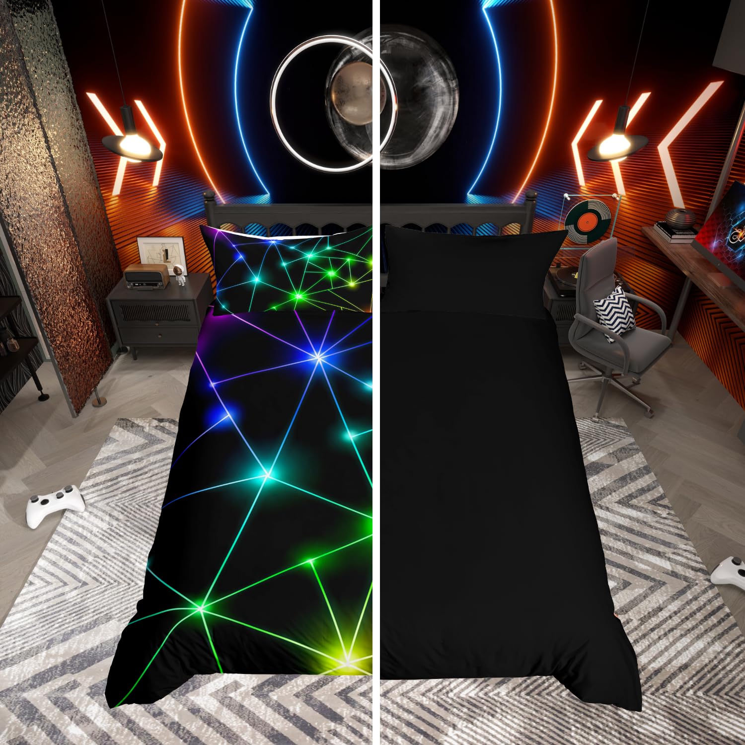 Homewish Neon Geometric Bedding Single, Reversible Black Duvet Cover Set Retro Triangle Pattern Quilt Cover with 1 Pillowcase