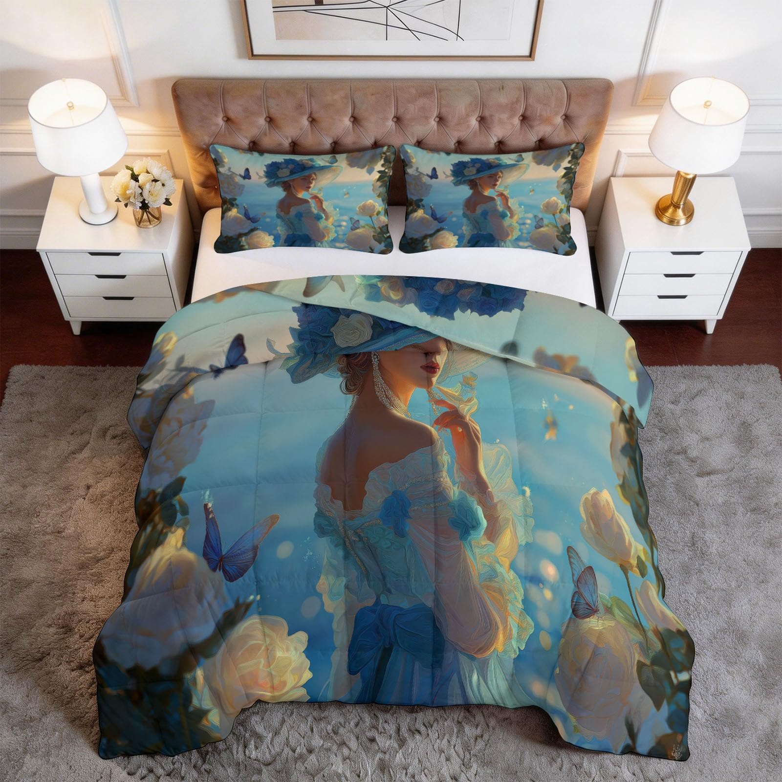 Trapunta 200 x 220 cm 4 stagioni blu trapunta stampata pittura ad olio donna costiera floreale per letto matrimoniale matrimoniale Edredon reversibile lavabile senza fodera per donne adulti residenti