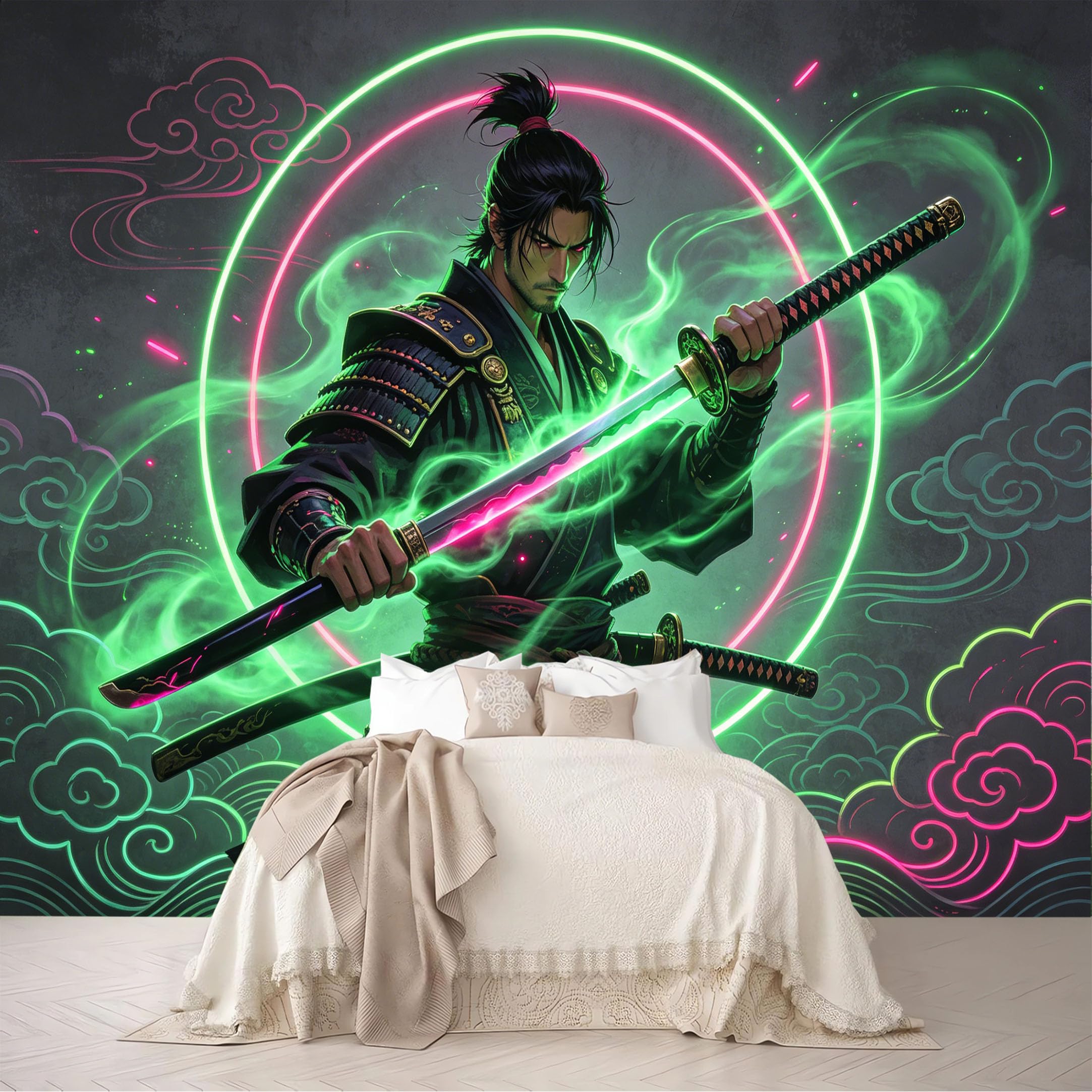 Dskjoviality Ab260706073 Custom Size Wall Murals Neon Cyber Samurai Cloud Halo Katana Removable Self-Adhesive For Bedroom Living Room Dining Room