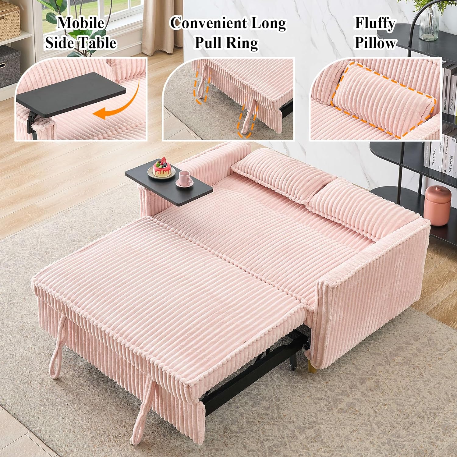3 in 1 Pull Out Couch，Corduroy Upholstered Convertible Sleeper Sofa Bed with Movable Side Table, Modern Multifunctional Sofa with USB Port, Cushioned Couch for Living Room (Pink)