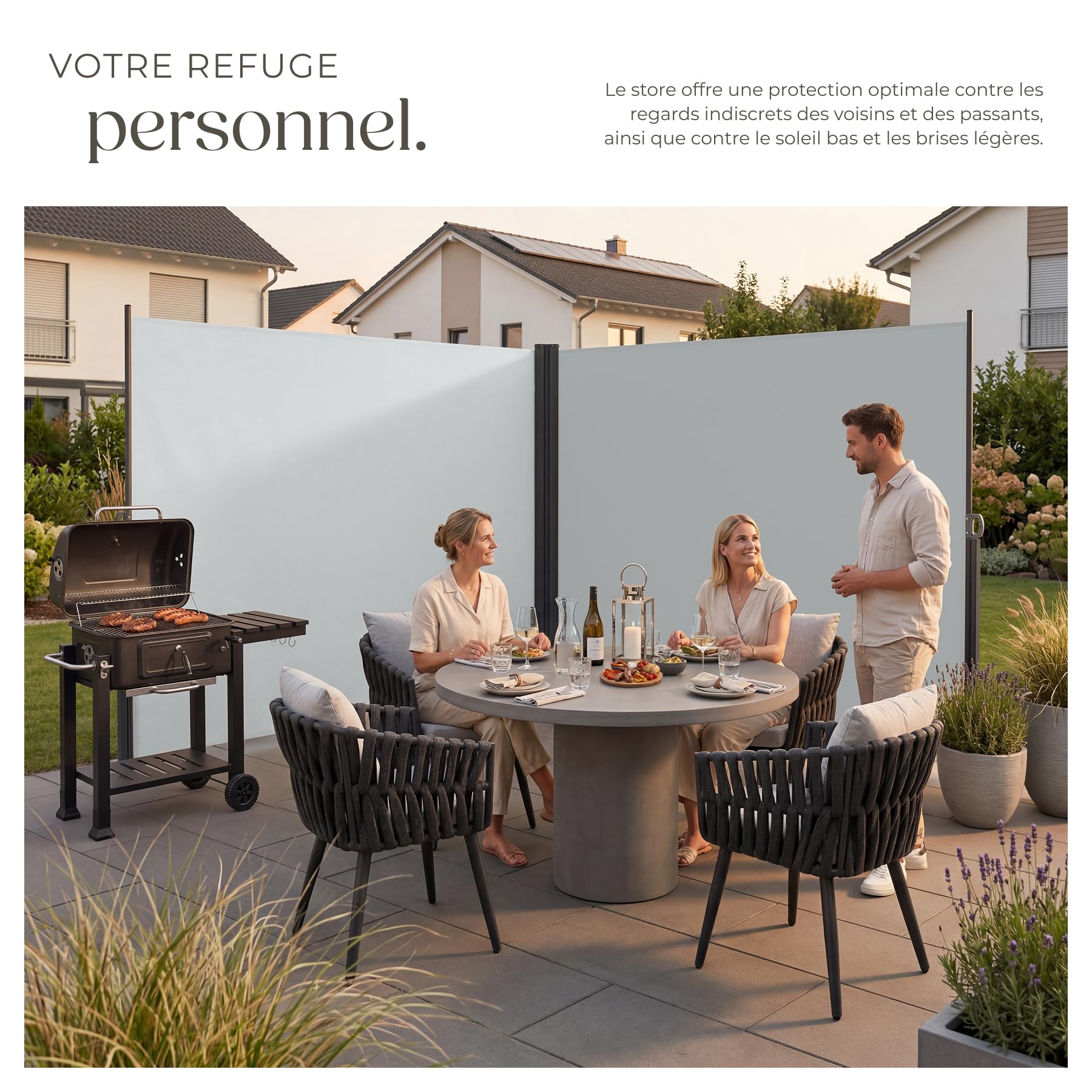 tectake® Store Latéral Double 200 x 600 cm, Résistant aux intempéries, Extensible avec mécanisme d'enroulement, Brise Vue Opaque, Protection Soleil et Vent, Tissu en Polyester Enduit - Gris