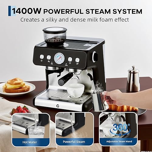 Miniatura 4 de Garvee Máquina de café expreso de acero inoxidable con molinillo y presión de 20 bares, tanque de agua extraíble de 2.8 L, varita de vapor
