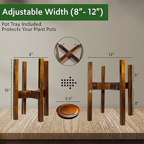 Miniatura 3 de A & R Soporte ajustable de madera de acacia para plantas de 8 a 12 pulgadas, soporte moderno de mediados de siglo con bandeja para macetas