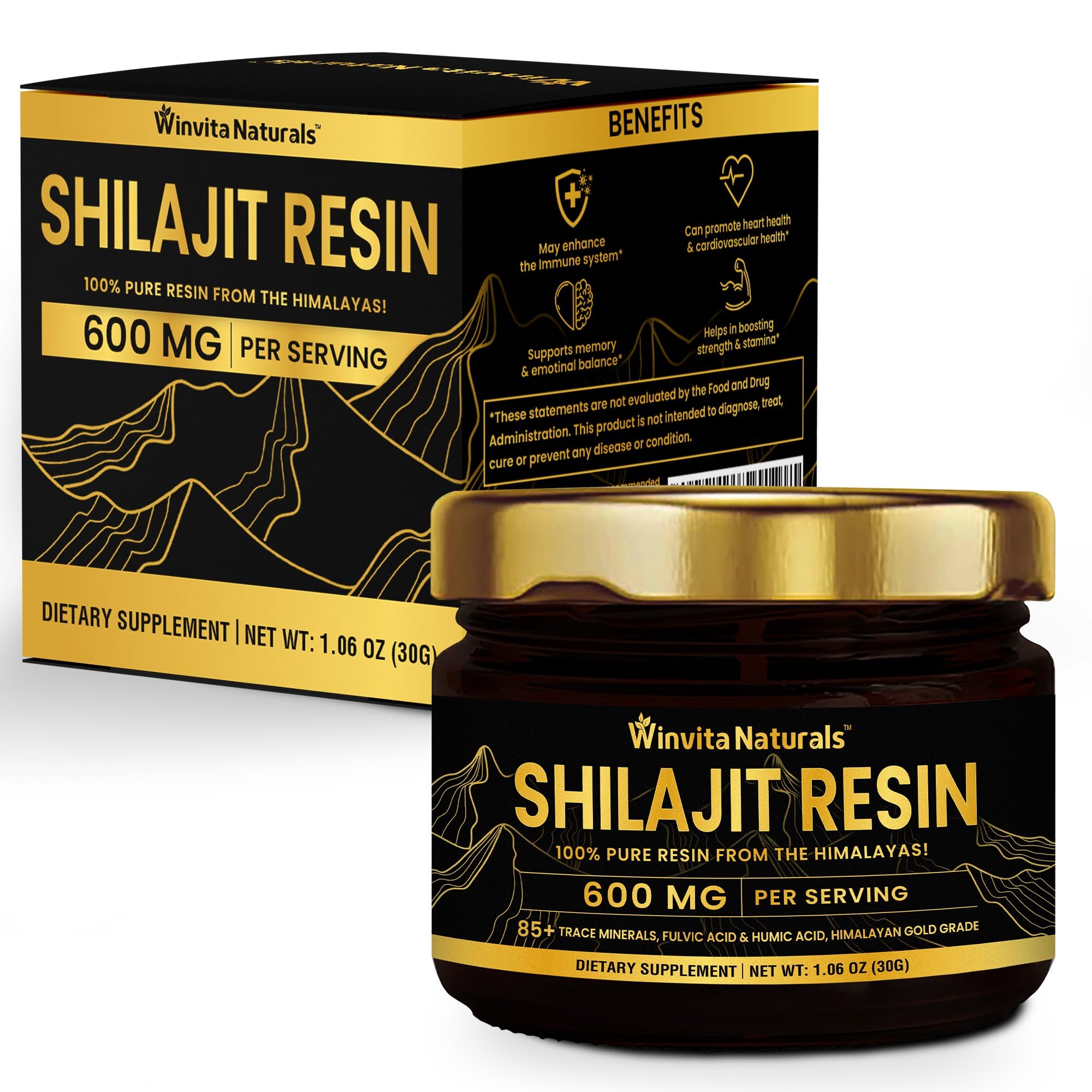 600mg Shilajit Resin Pure Himalayan Organic – Gold Grade 100% Pure Shilajit with Fulvic Acid & 85+ Trace Minerals Supplement for Energy Boost, Focus, Metabolism & Immune Support, 30 Grams