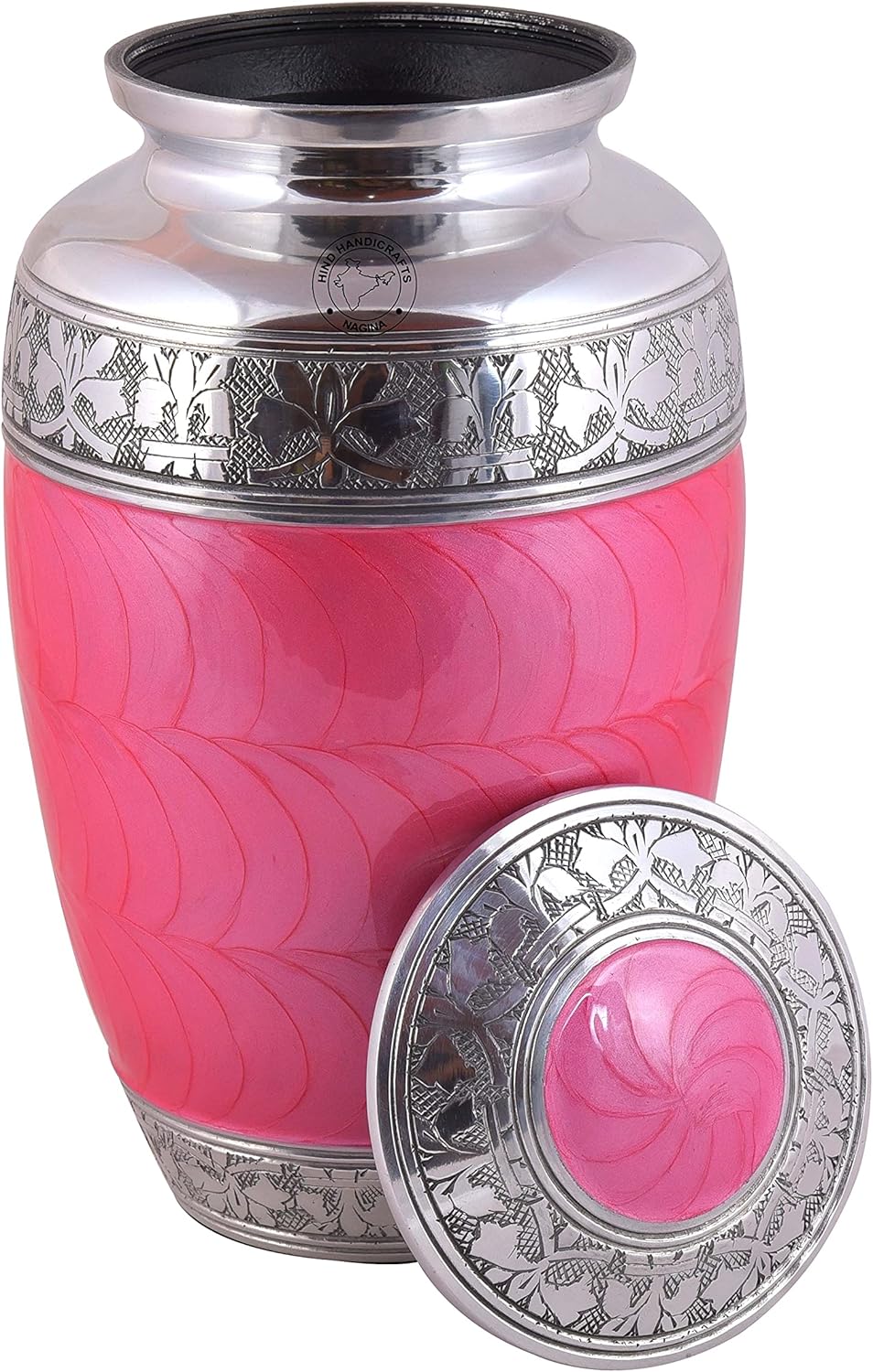 Silver Engraved Cremation Urn for Human Ashes Adult Funeral Urn Handcrafted - Large Burial Urn for Human Ashes - Bag Included (6.5" x 6.5" x 10.5", Pearl Pink)