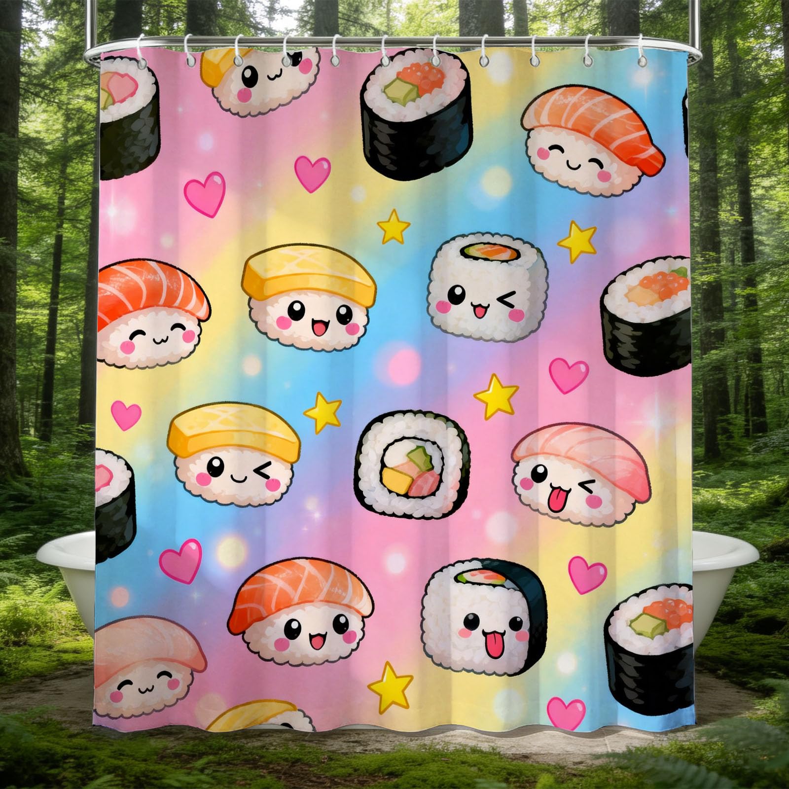 Hongduo 3D Cute Sushi Shower Curtain for Stalls Bathtubs Rainbow Bathroom Decor Shower Curtain Set Polyester Fabric Waterproof 120x180cm/48X71 Inch with Hooks