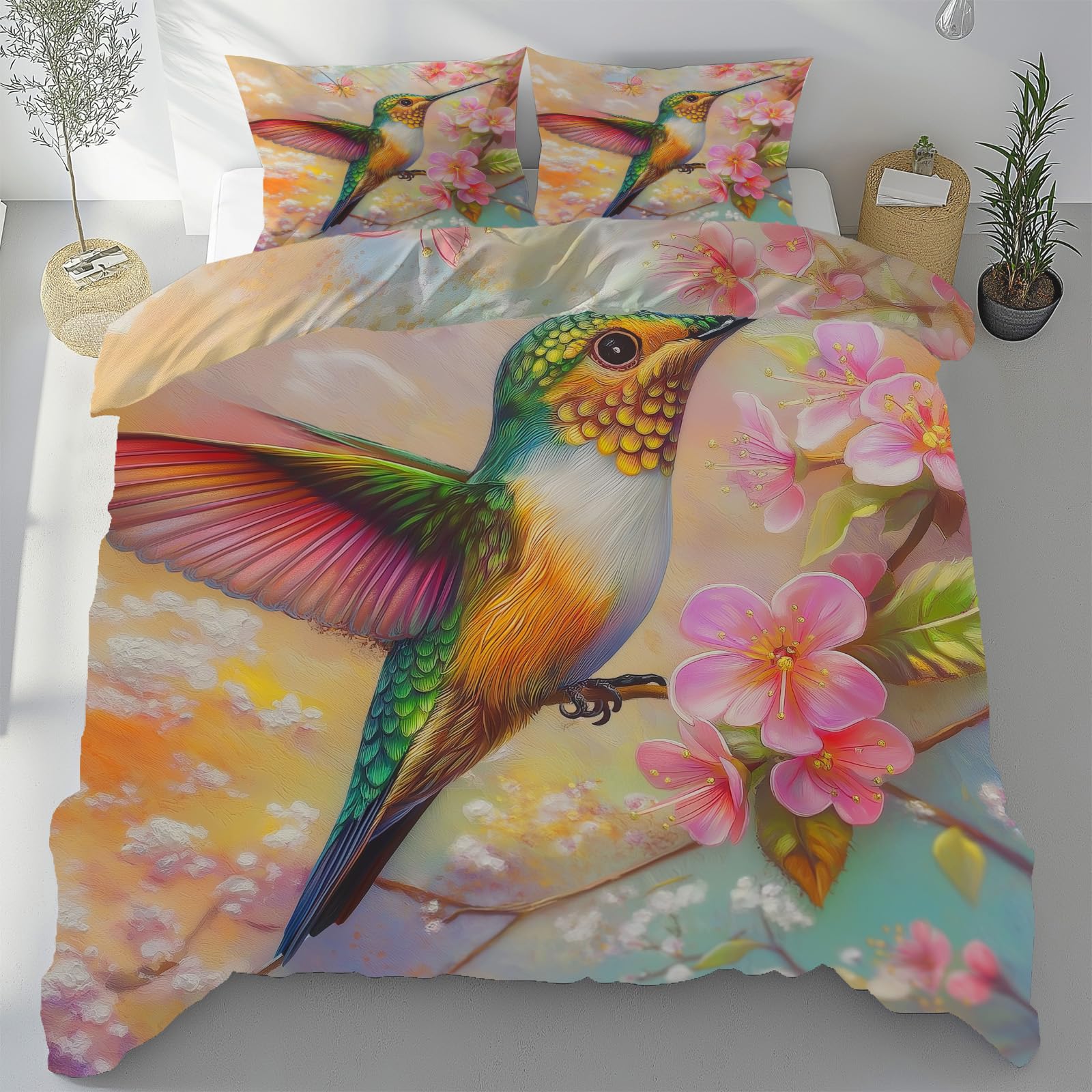 Parure de lit colibri en microfibre 240x260 cm avec housse de couette fleurie