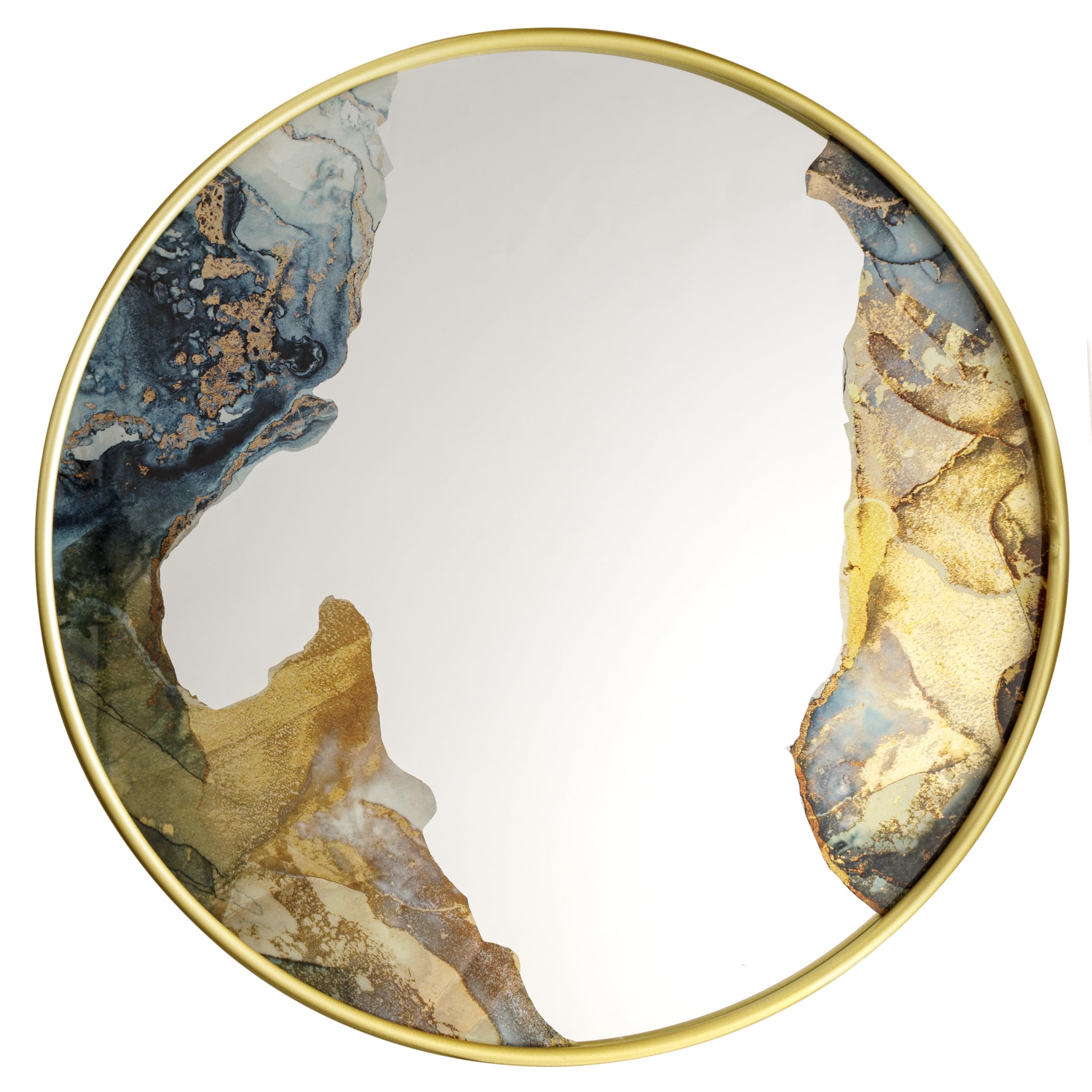 Baroni Home Espejo Decorativo de Pared Redondo con Marco de Metal Color Oro, Espejo para Sala de Estar y Dormitorio, Espejo de Colgar, 59x2x59 cm, Efecto Mármol Azul