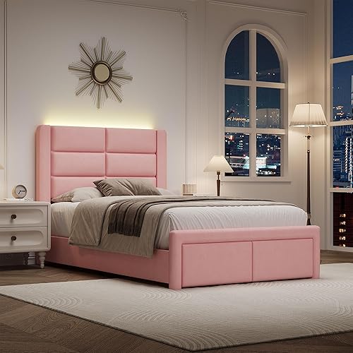Miniatura 11 de Base de cama Queen con cabecero tapizado y luces LED, moderno marco de cama de piel sintética con soporte de listones de madera y base de colchón