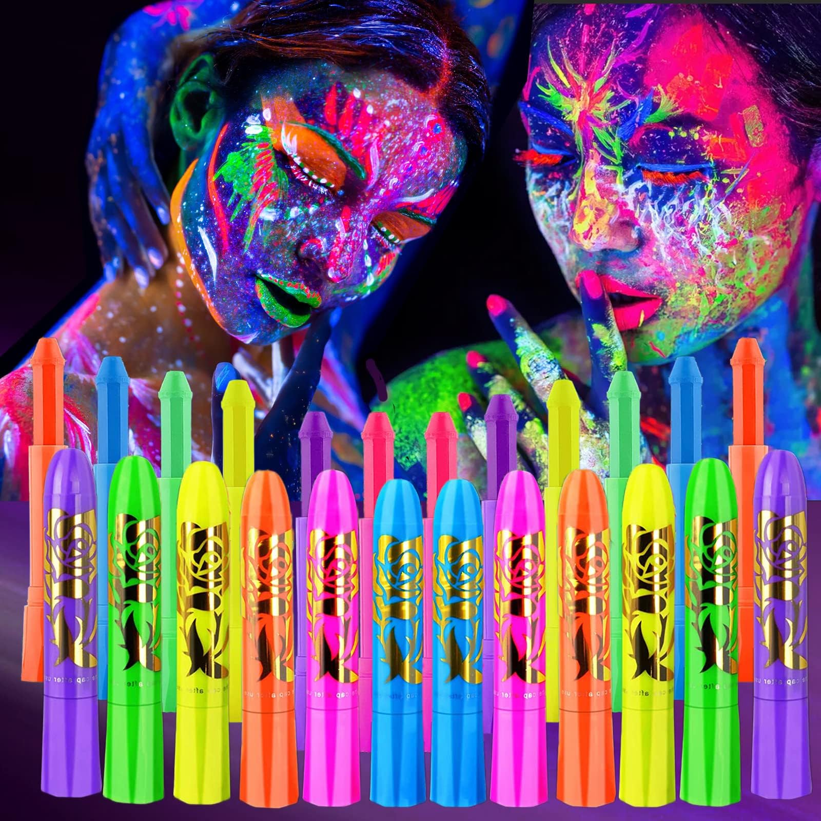 12 Pcs Glow Face Body Paint, In The Dark Under Uv Black Light Sticks Makeup Neon Painting Kits For Adult Halloween Festival Accessory Party Supplies