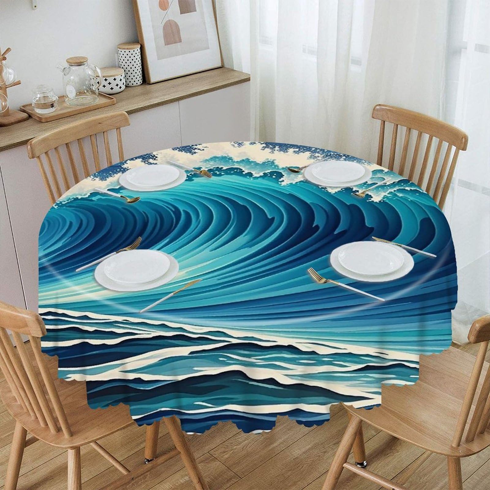 FekiLoot Blue Wave Art Round Tablecloth 60 Inch Waterproof Heavy Duty Table Cloth Spillproof Washable Table Cover Wrinkle Resistant Tablecloths Decorative Table Cloths