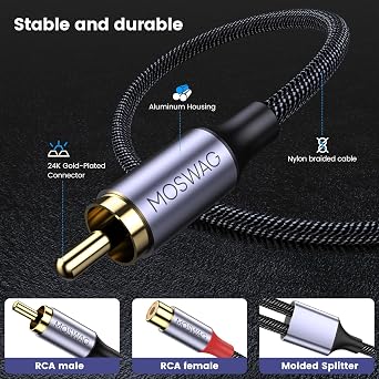 MOSWAG RCA Splitter 1 Male 2 Female 2 Pack, Subwoofer Stereo Audio Cable