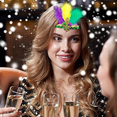 Miniatura 7 de Wittocs Paquete de 2 diademas de plumas de Mardi Gras con lentejuelas de flor de lis, morado, amarillo, verde, diadema de cóctel, ajustable,