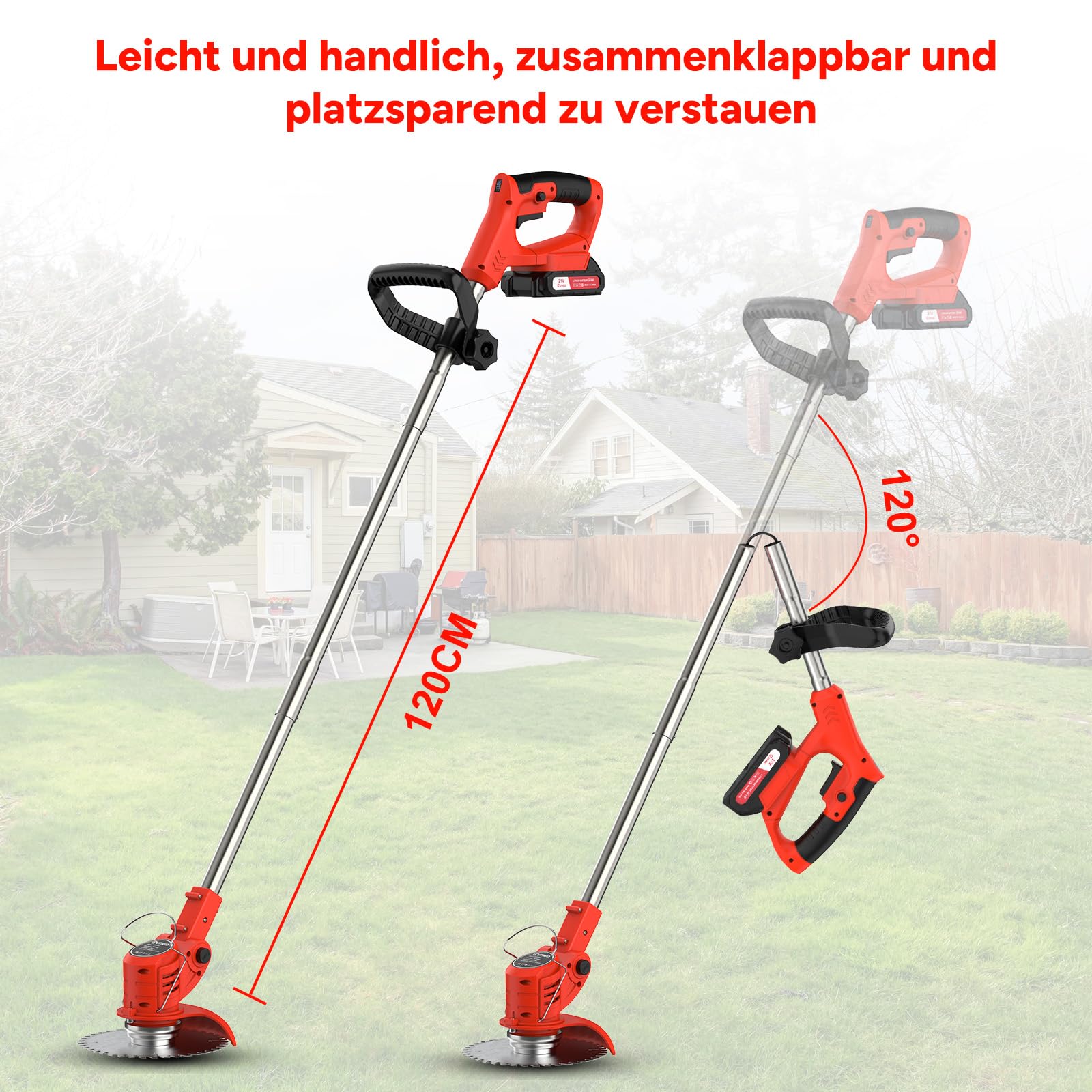 OUTIGO Akku Rasentrimmer mit Akku, Rasenkantenschneider mit 2 Akkus 21V und 4 Messertypen+1 Gartenschere, Verstellbarer Teleskop-Führungsholm Desbrozadoraeléctrico inalámbrico (Rot-FBA)