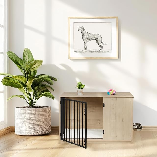 Foto 3 de 8 de Relaxdays Jaula Perros, Mueble Mascotas Interior, 65,5x102x60 cm, con 2 Cuencos Giratorios, MDF y Acero