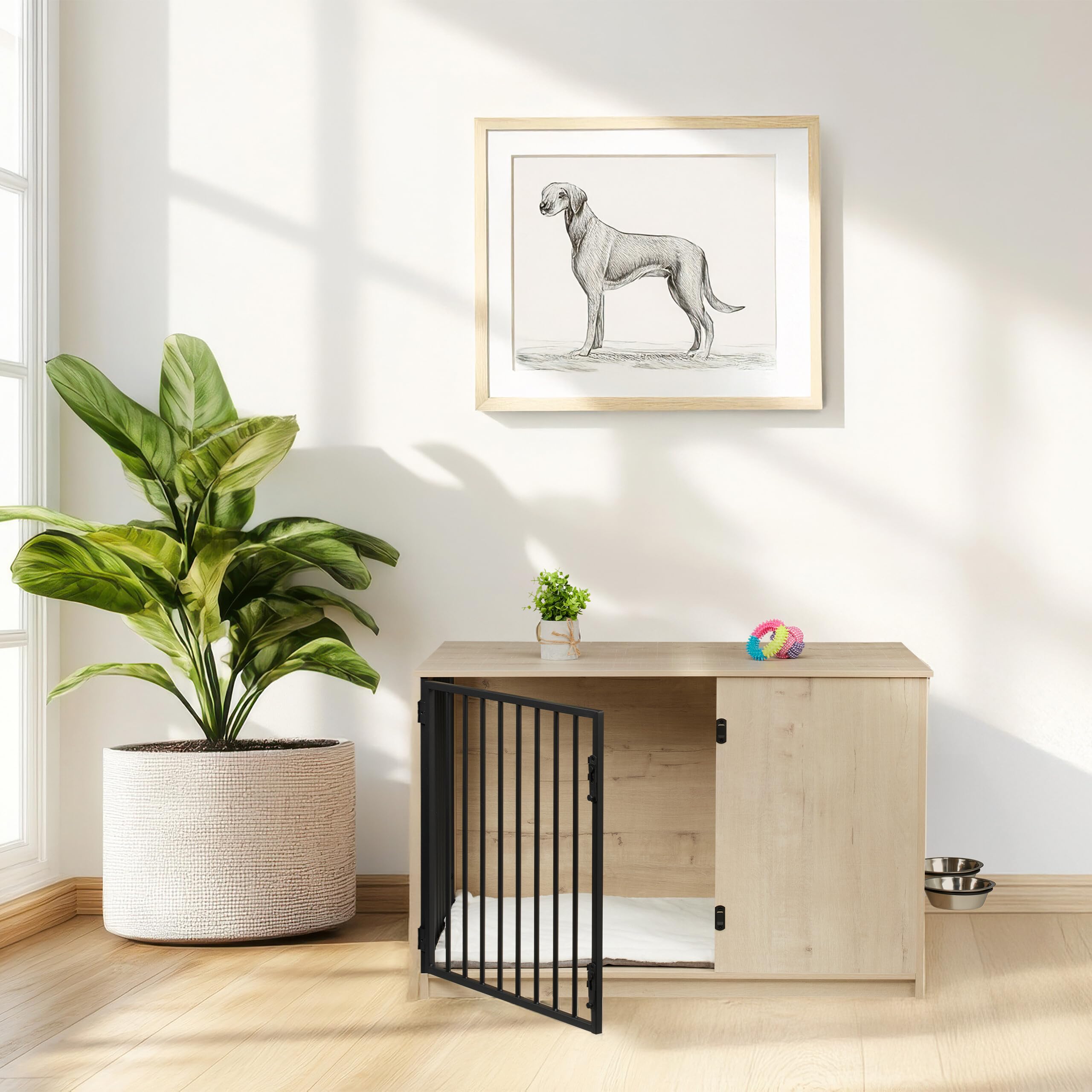 Relaxdays Box pour Chien en MDF et métal, Meuble Industriel Marron, H x L x P : 65,5 x 102 x 60 cm, 2 gamelles
