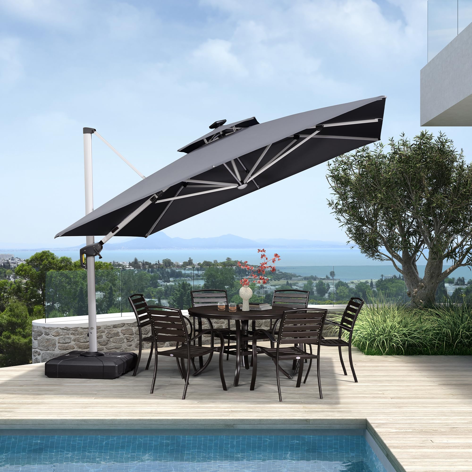 PURPLE LEAF Sombrilla Terraza Exterior 3,3 x 3,3 m con Led de Aluminio Parasol Terraza, Rotación de 360°, Sombrillas Jardin Grandes con Manivela y Protección UV 50+, Gris
